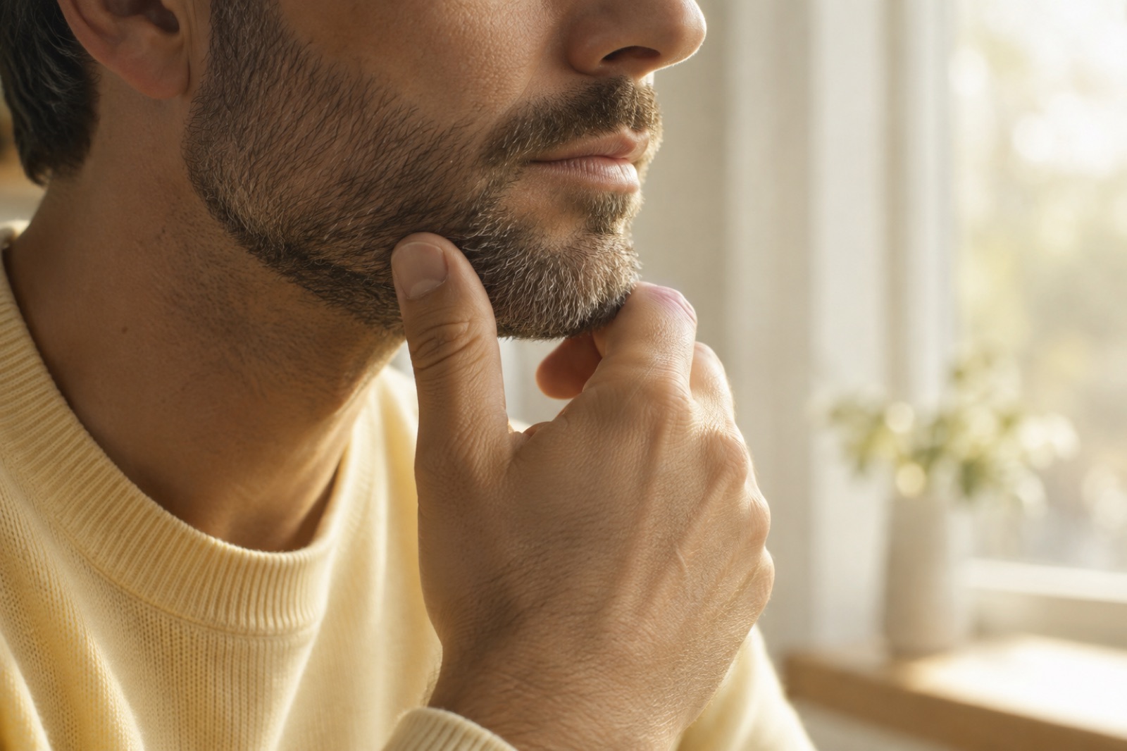 黄色いニットを着たひげの男性が窓辺で親指をあごの下に当てている、顔の下半分のクローズアップ