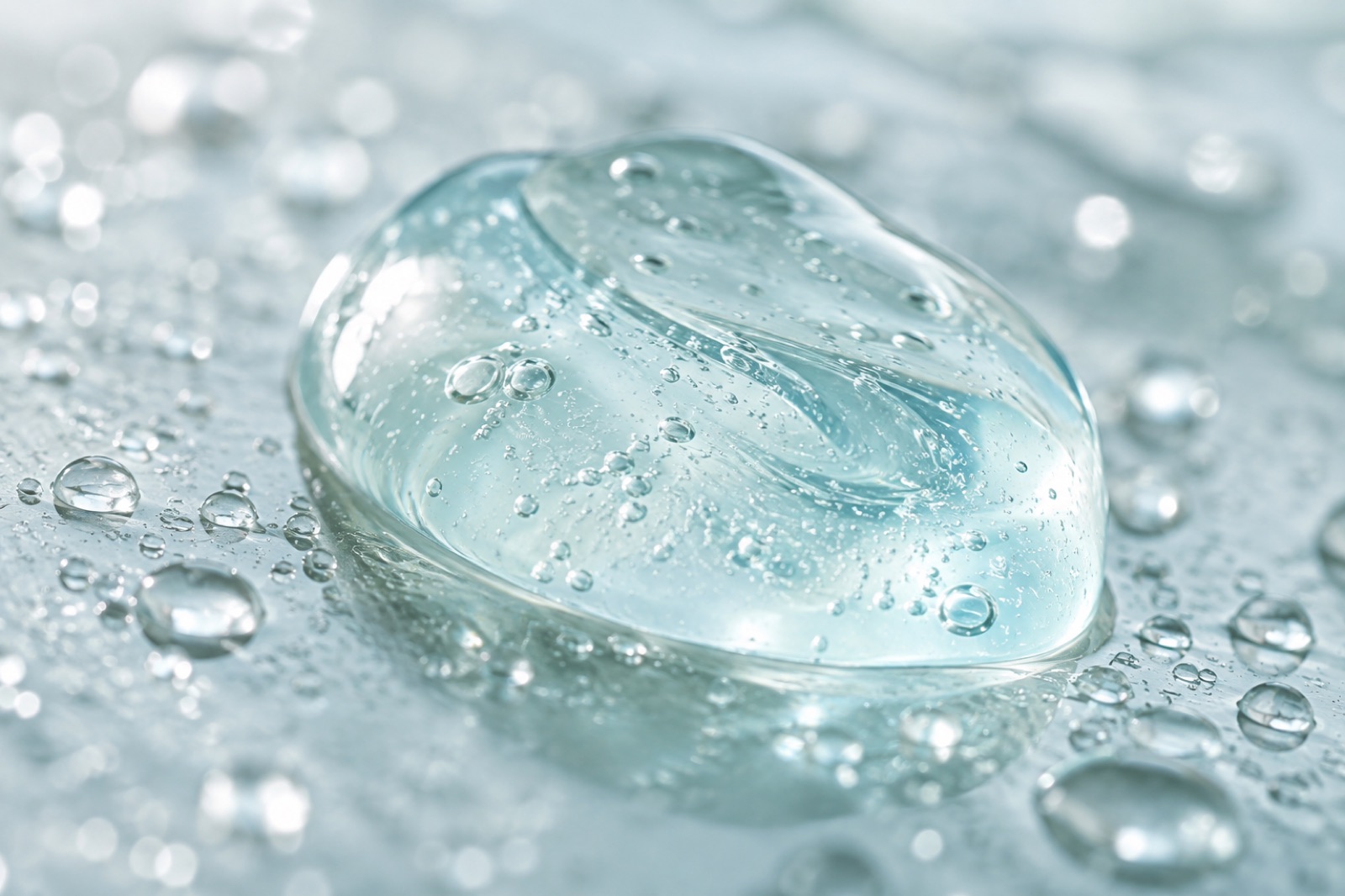 水滴の散った銀色の面に、ぷっくりとたまった透明なジェルのかたまりと、その中の小さな気泡