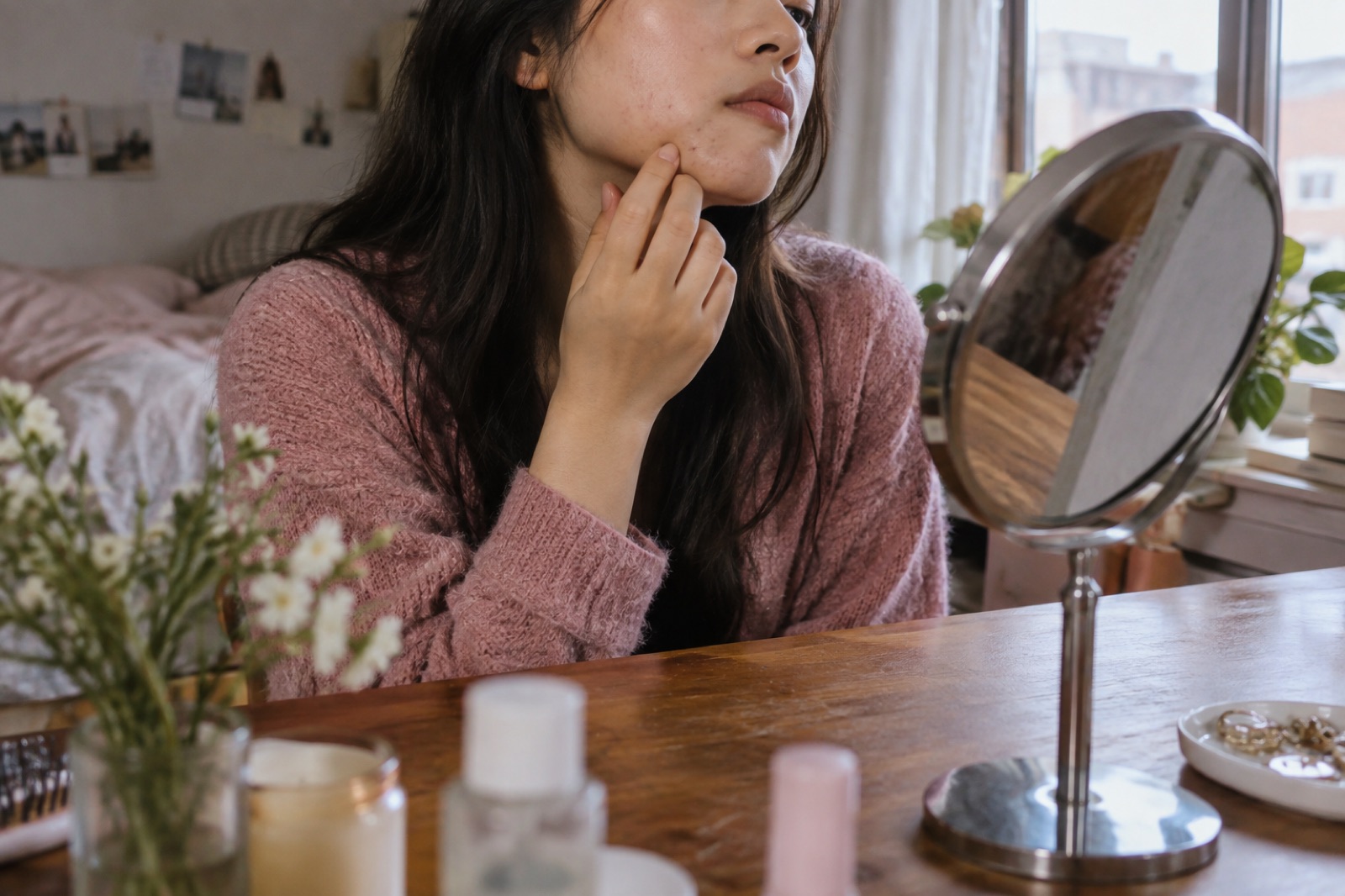 Người phụ nữ tóc dài ngồi trước chiếc gương tròn để bàn cạnh cửa sổ, đầu ngón tay chạm vào má gần cằm