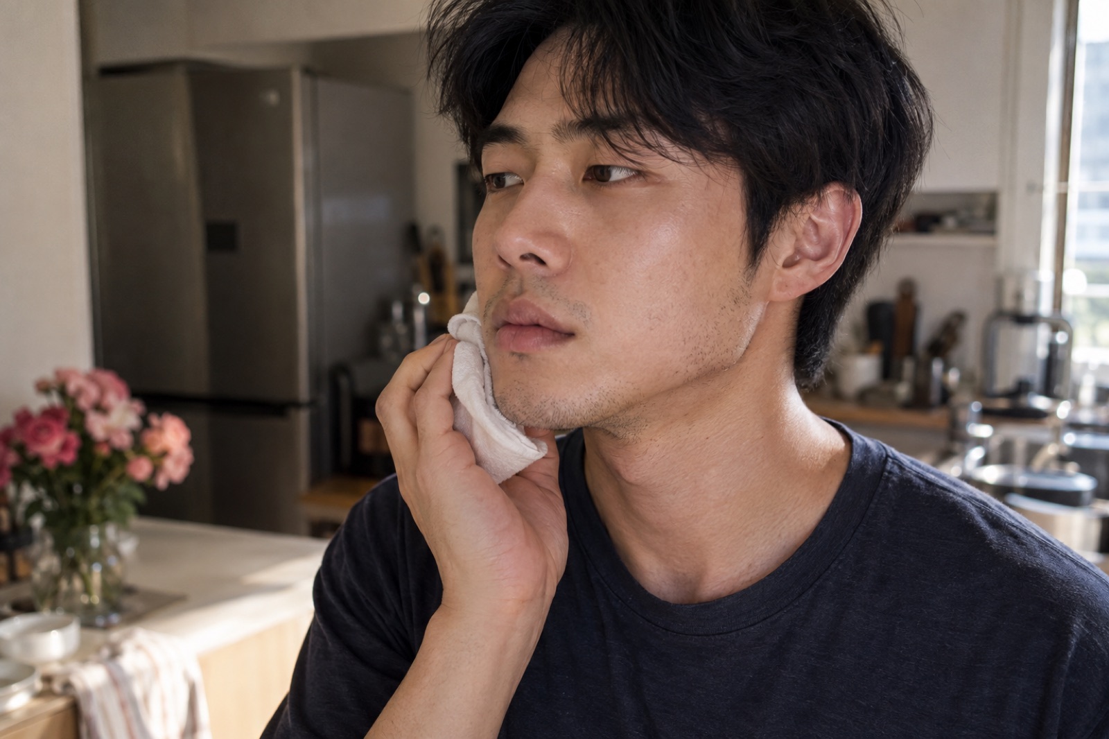 キッチンで、たたんだ白い布をあごの横にあてて窓の外を見ている黒いTシャツ姿の男性