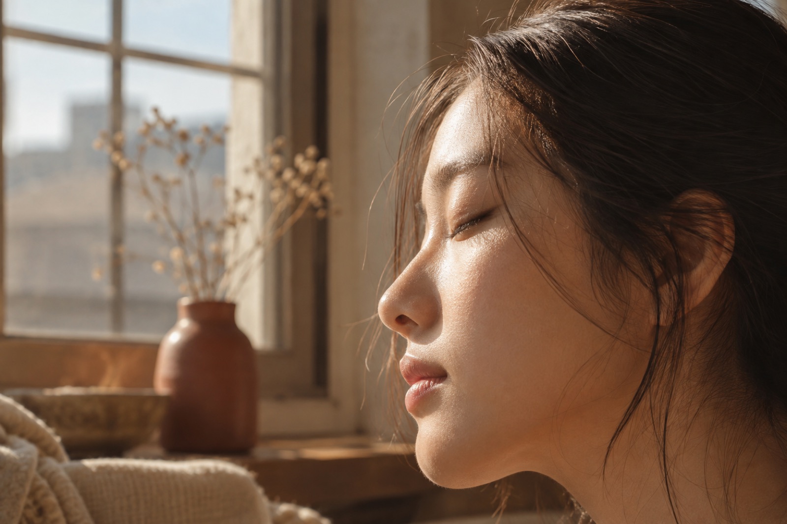 目を閉じた女性の横顔に窓からの日差しが当たり、鼻先と頬、あごの輪郭が浮かんでいる