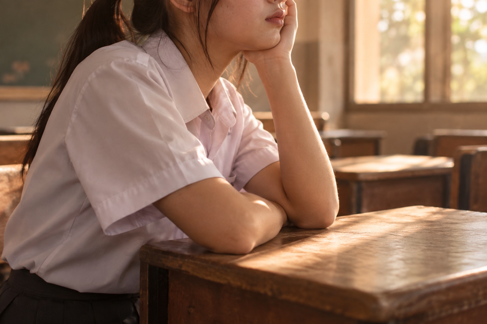 日の差す教室の木の机にひじをつき、片手で頬とあごを支えている半袖シャツの学生