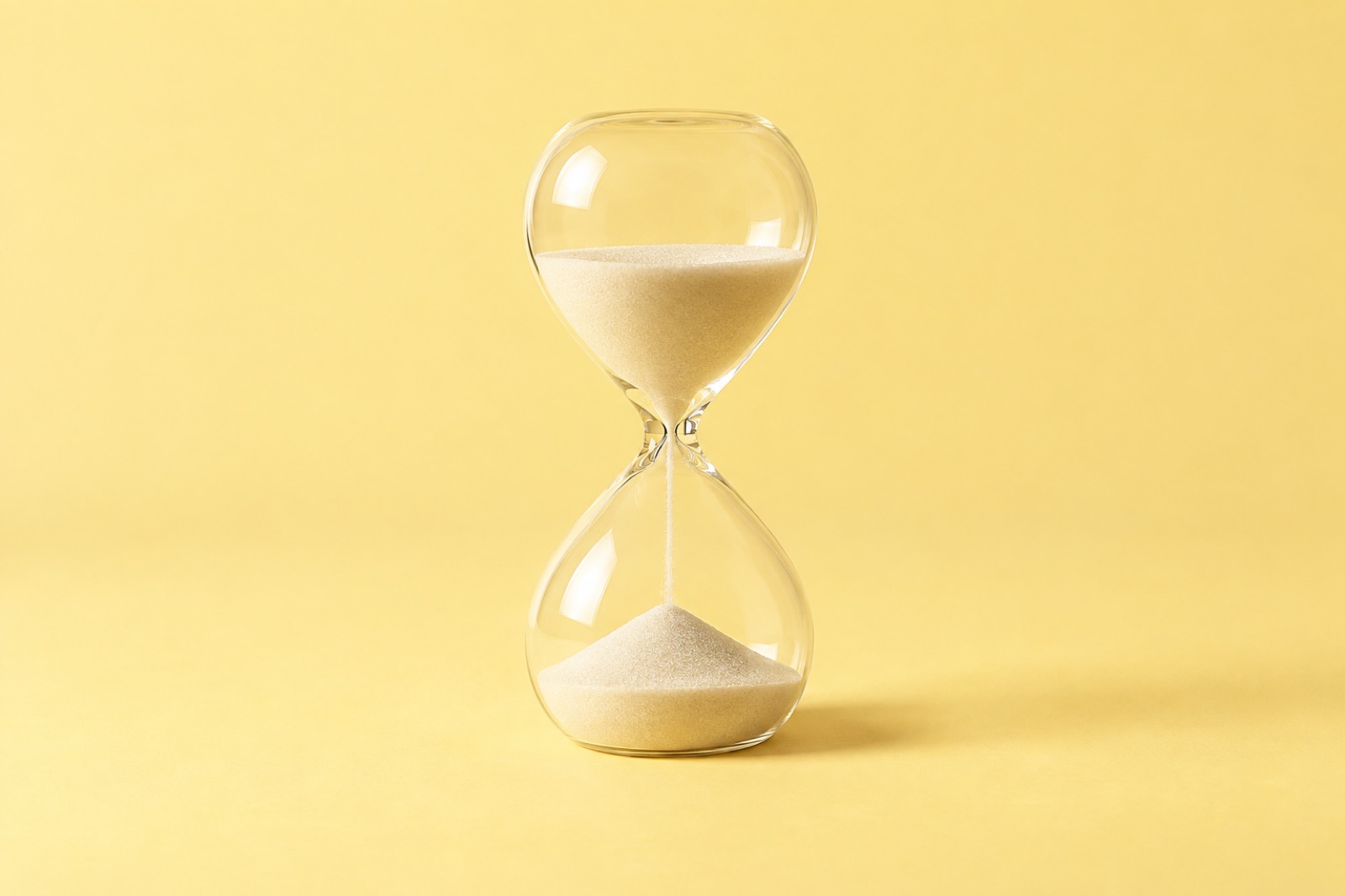 A glass hourglass in the middle of a yellow background, with sand from the top running down in a thin stream and building a small mound below