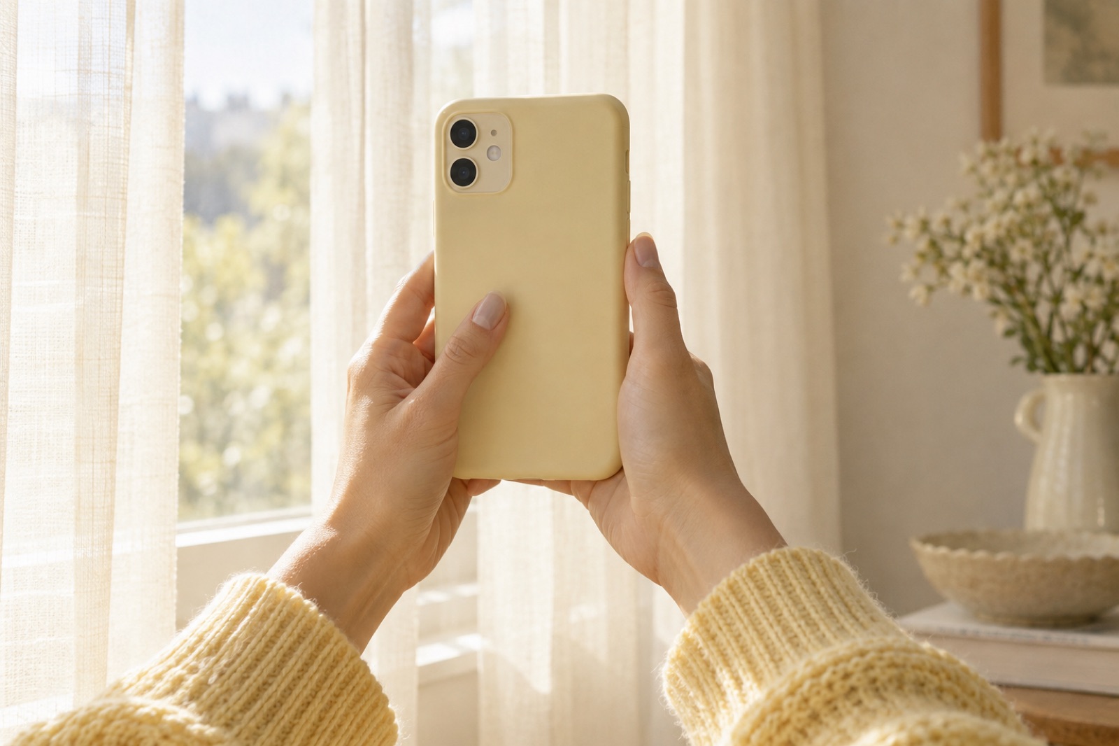 Dalawang kamay na naka-dilaw na knit na manggas, hawak nang patayo ang phone na may maputlang dilaw na case sa tabi ng bintanang may manipis na kurtina