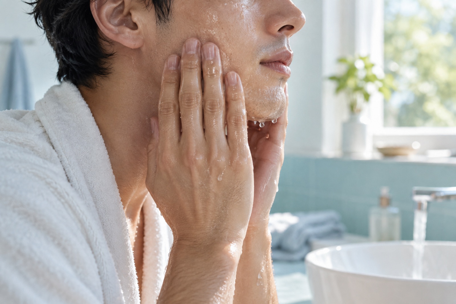 A man in a white bathrobe beside a sink, cupping his damp cheeks and jaw with both hands, seen from the side