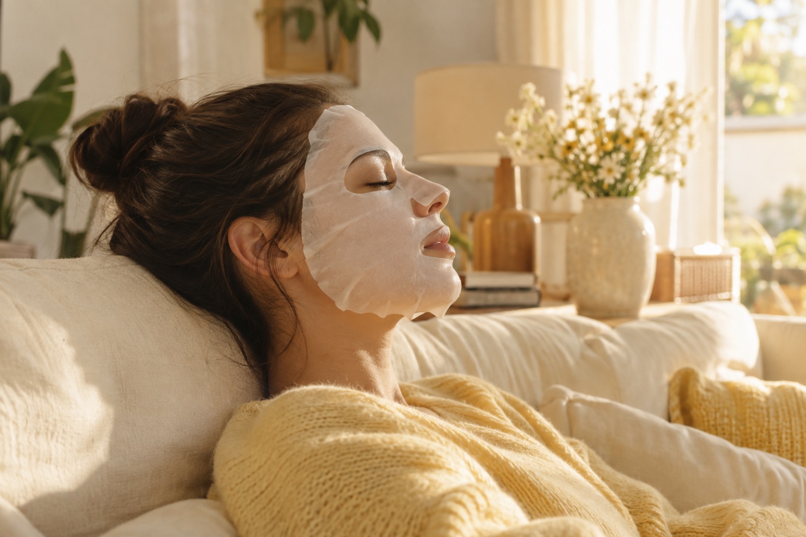 Side view of a woman with her hair pinned up, eyes closed, wearing a white sheet mask and resting her head on a sofa cushion in sunlight