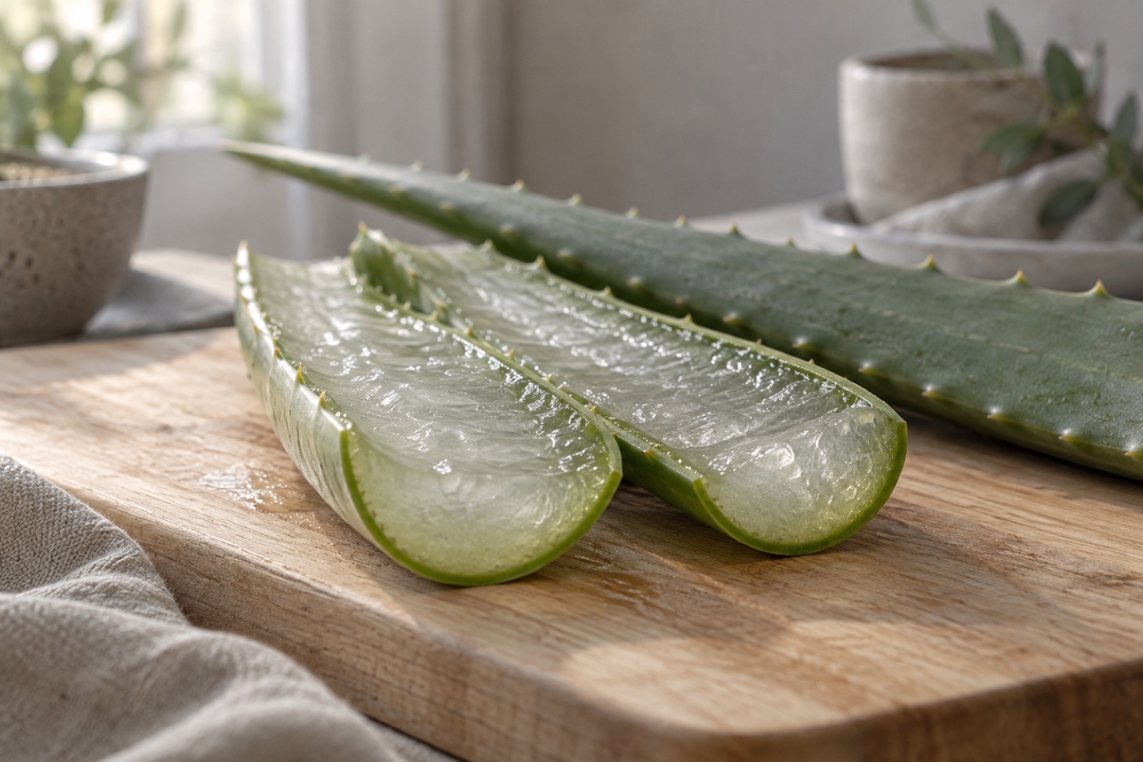 Two halves of an aloe leaf split lengthwise to show the gel, next to a whole spiny leaf, on a wooden cutting board by a bright window