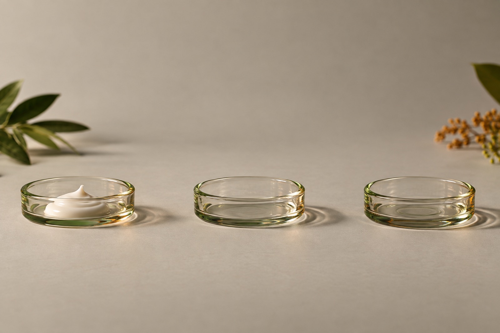 Still life of three shallow glass dishes in a row on a pale gray background, with a little white cream in only the left dish
