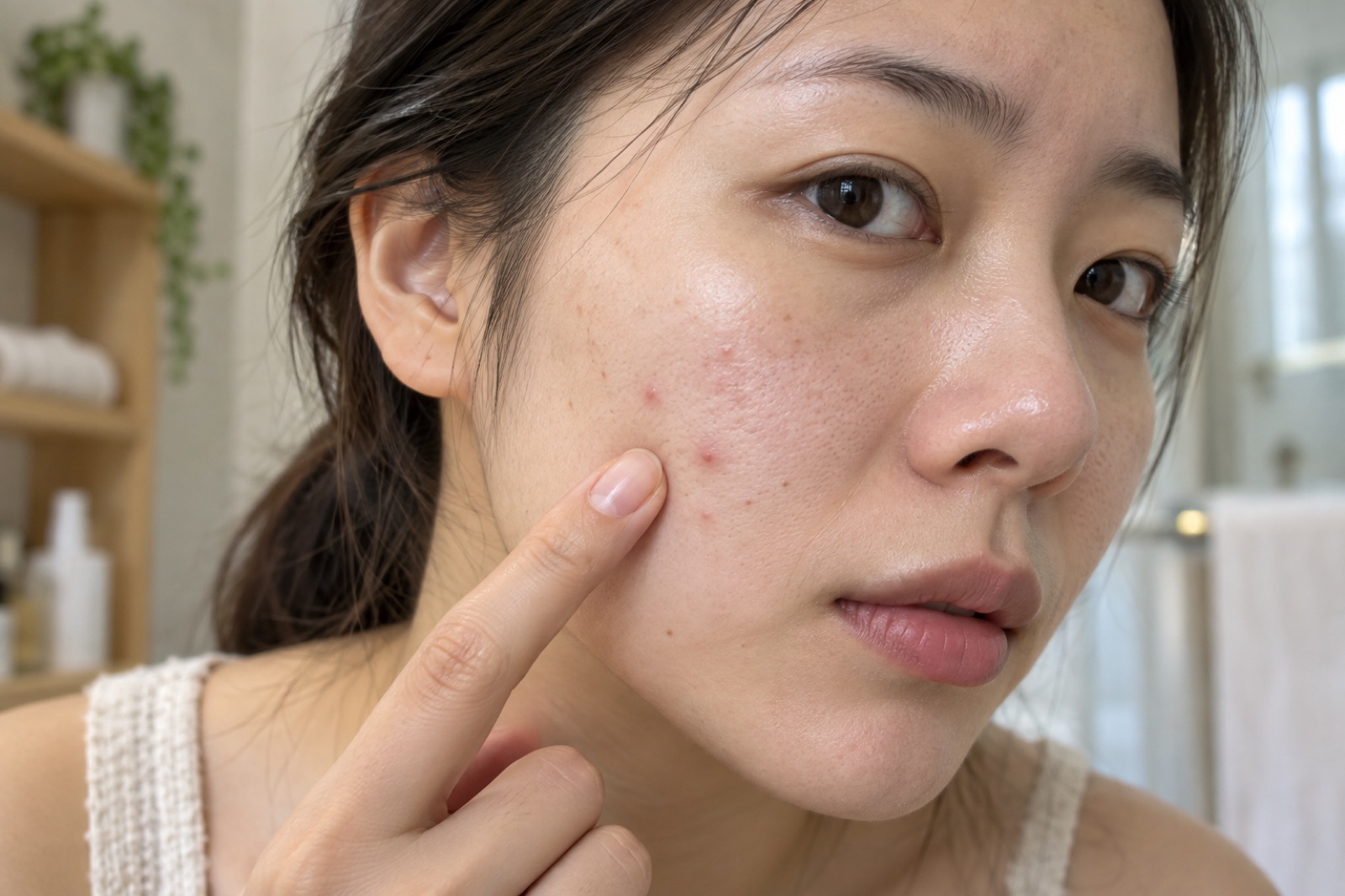髪をうしろで結んだ女性が、人さし指で耳に近いほおを指し、その横に小さな赤いぶつぶつが2〜3個見える顔のクローズアップ
