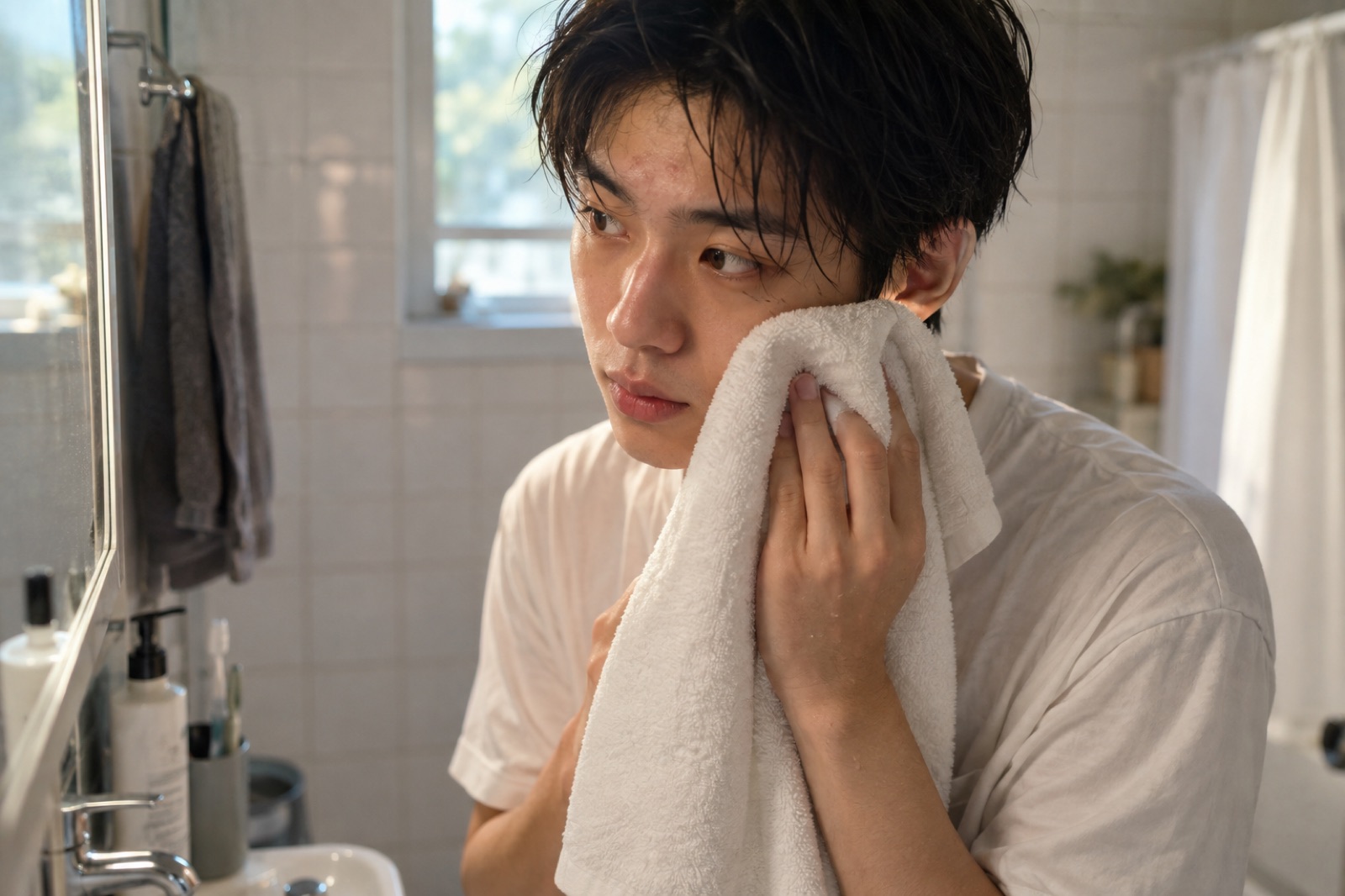 前髪のぬれた白いTシャツの青年が、浴室で白いタオルを両手でほおに当てている様子