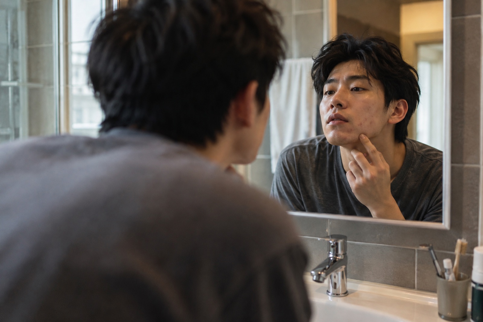 洗面台の鏡に映るグレーのTシャツの男性が、指であごの横を押さえながら顔をのぞき込んでいる様子