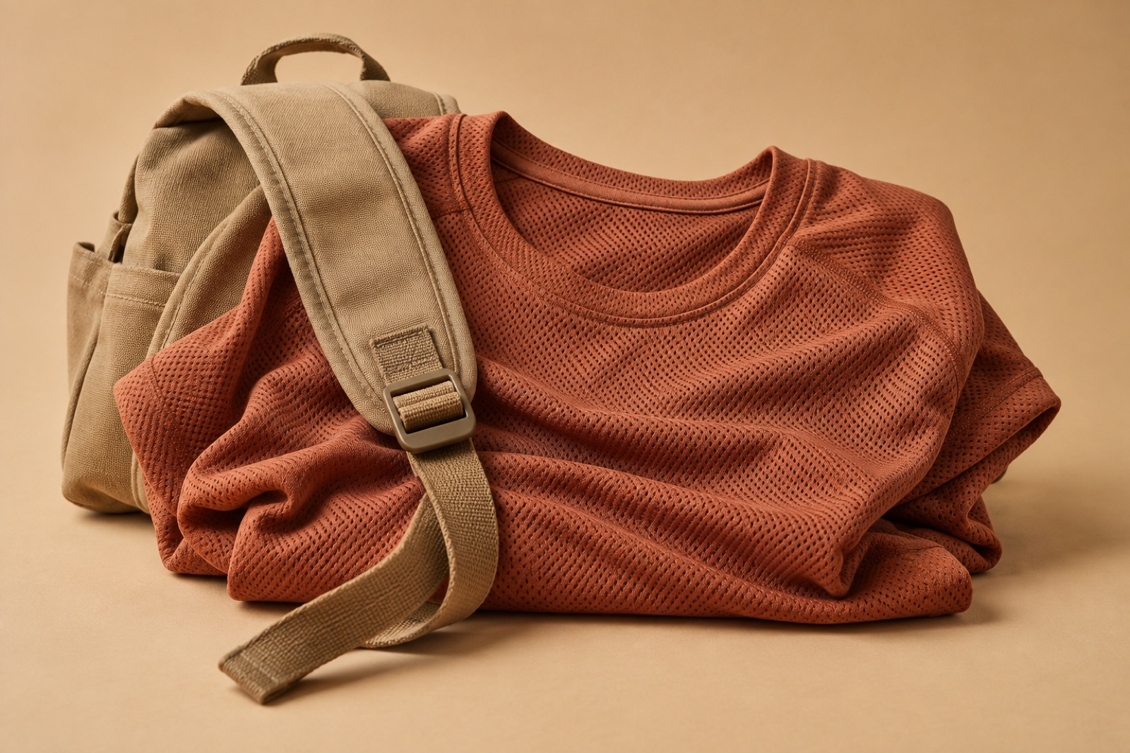 เสื้อยืดลายรูสีส้มอิฐพับวางบนพื้นสีเบจ มีสายสะพายกระเป๋าสีกากีพาดอยู่ด้านบน