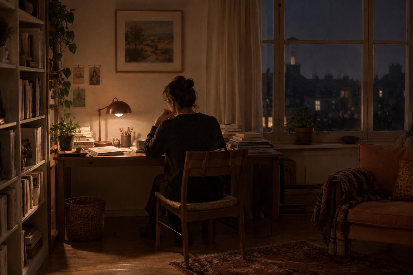 夜の窓辺の机で、スタンドの明かりの下に髪を結んだ人が背を向けて座っている部屋の様子