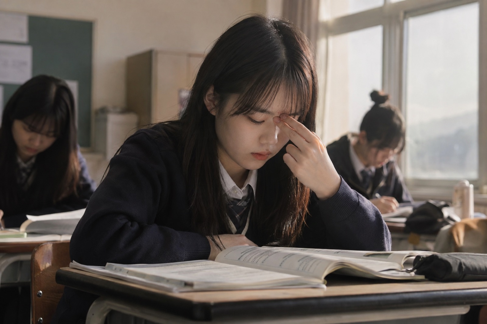교실 책상에 펼친 책을 내려다보며 두 손가락으로 한쪽 눈썹 머리를 누르고 있는 교복 차림 학생