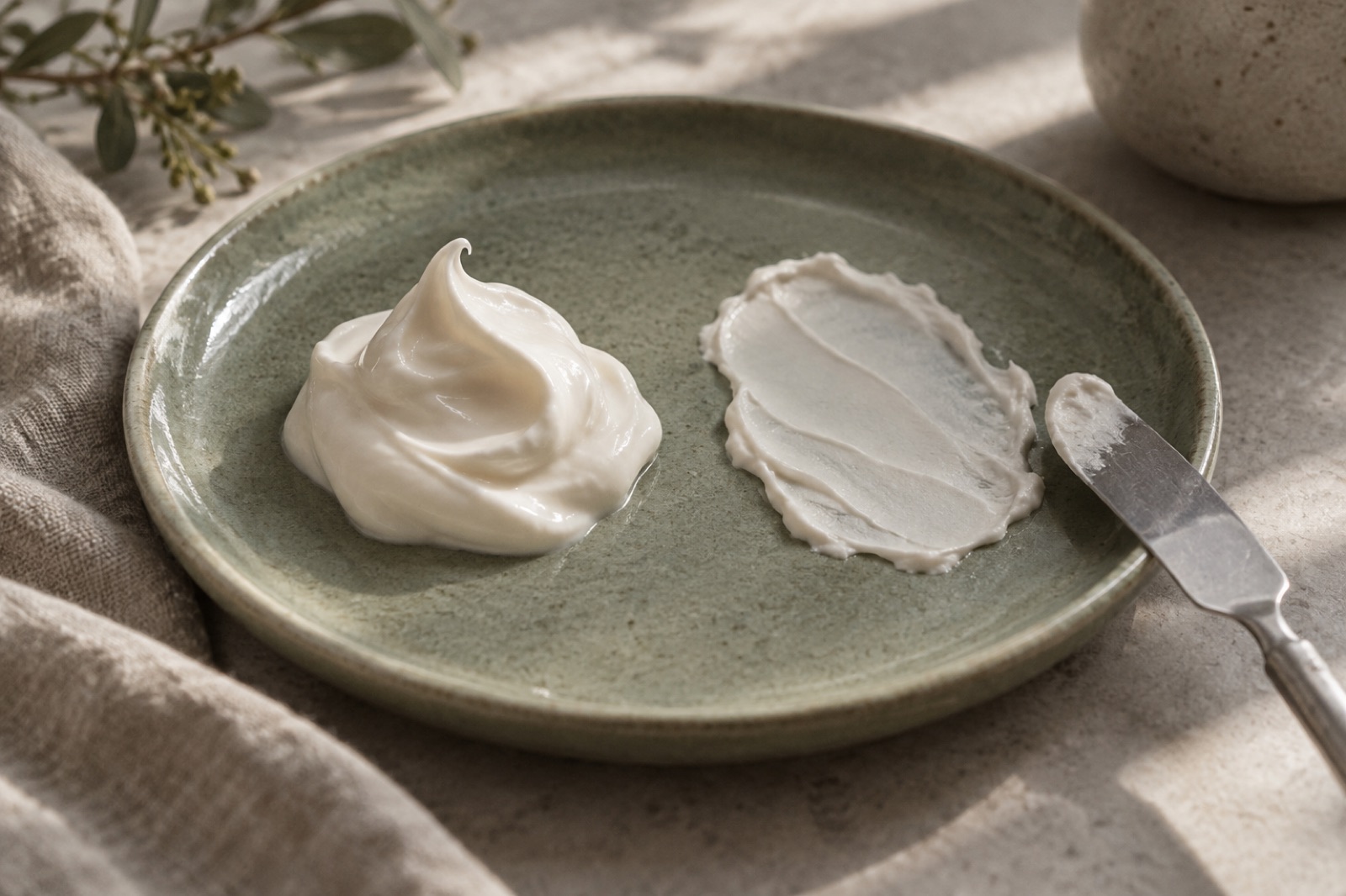 A green ceramic plate with a peaked dollop of white cream on one side and cream spread thin with a spatula on the other