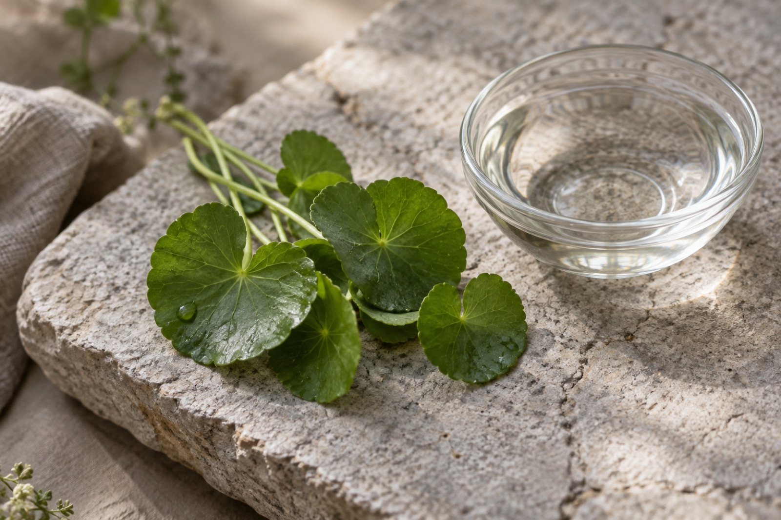 A bunch of round green leaves gathered by their stems on a rough stone slab, next to a clear glass bowl of water