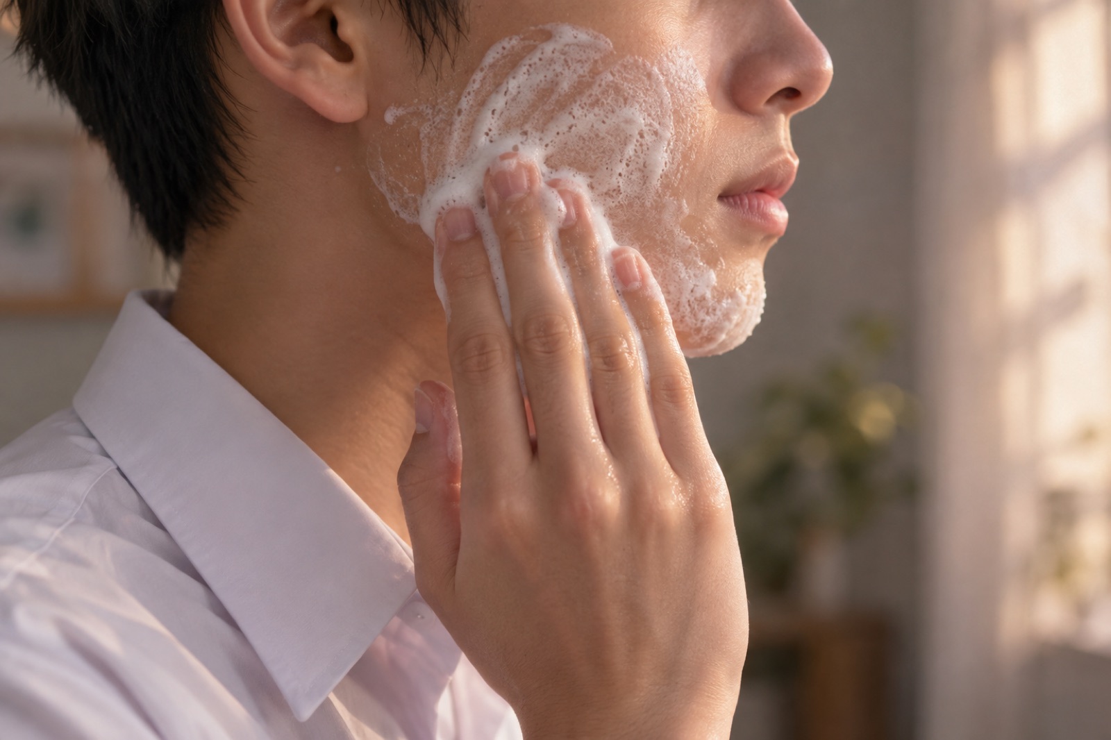 창가 빛 속에서 흰 셔츠 깃 위로 볼과 턱선에 하얀 거품을 손가락으로 펴는 남성의 옆얼굴