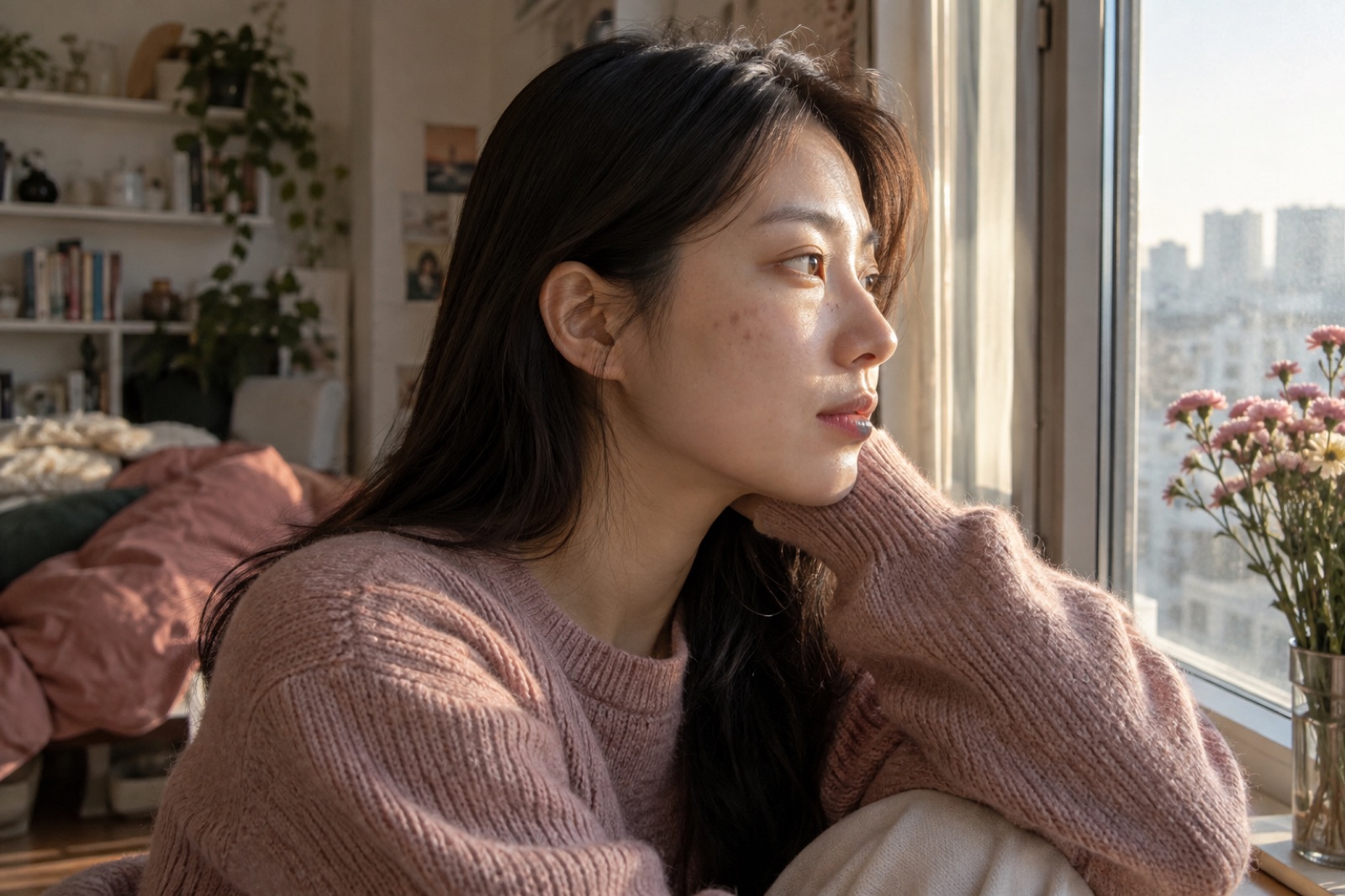 햇살 드는 창가에서 턱을 괴고 밖을 보는 분홍 니트 차림 여성, 광대 쪽에 옅은 갈색 점이 보이는 옆얼굴