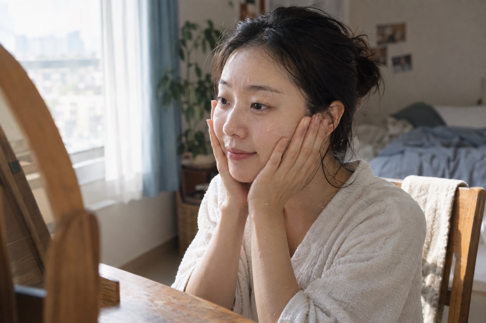 햇빛 드는 방 나무 거울 앞에 앉은 가운 차림 여성이 물기 어린 두 볼을 손바닥으로 감싼 모습
