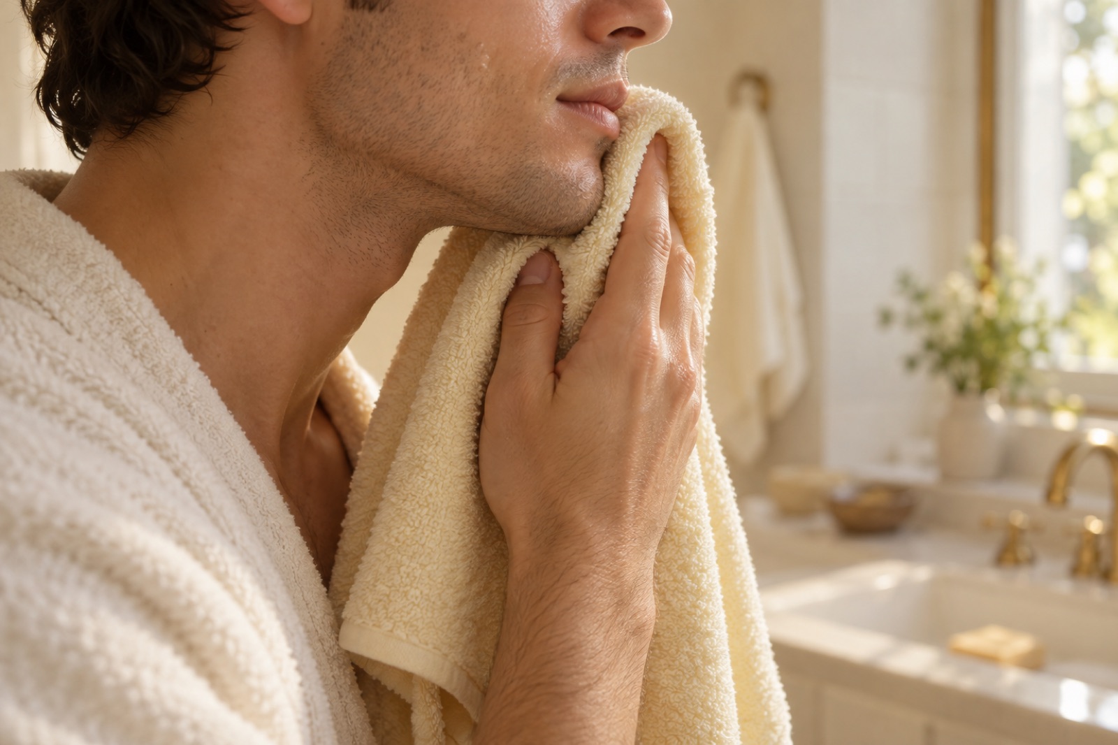 Side view of a man in a white bathrobe in a sunlit bathroom, holding a cream-colored towel under his chin with both hands