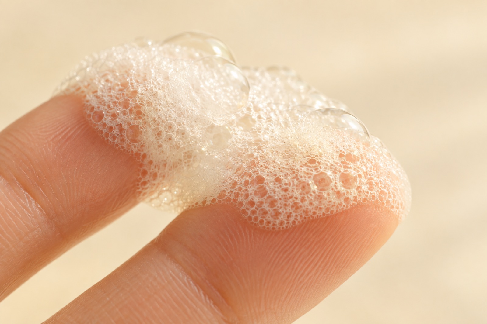 Close-up of two fingertips held together with a mound of white foam made of large and small bubbles resting on them