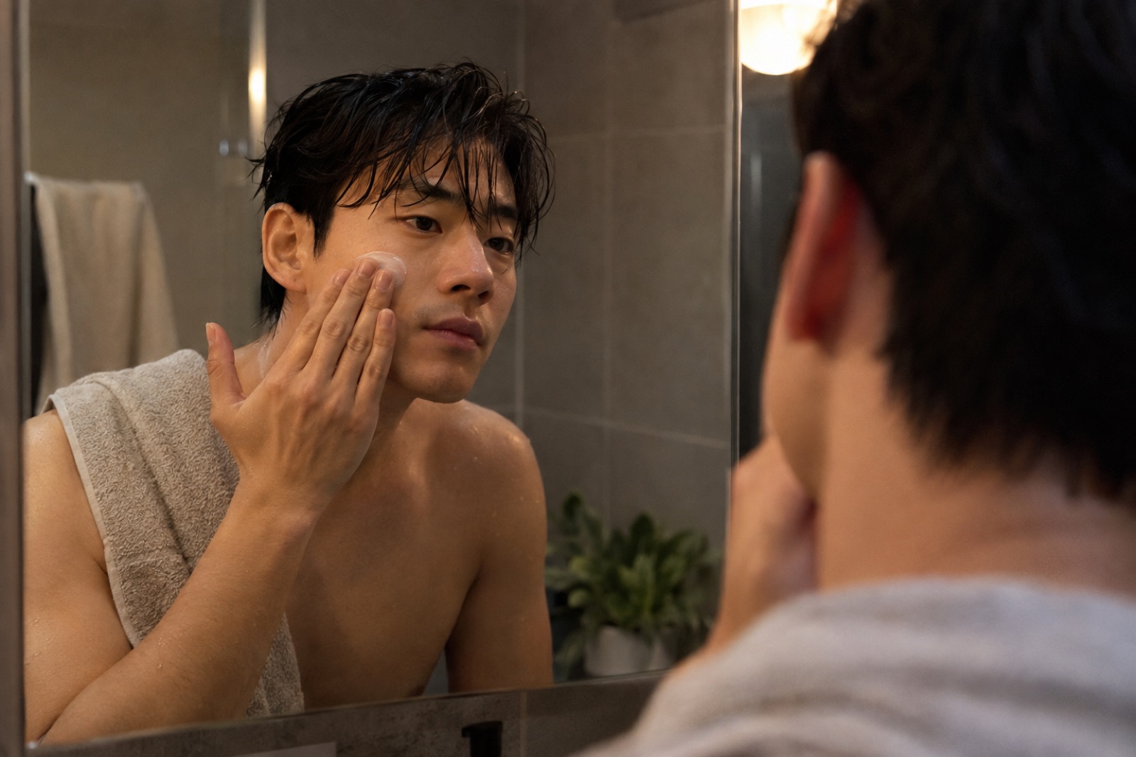 Lalaking basa ang buhok at may tuwalya sa balikat, nakaharap sa salamin sa banyo habang ipinapahid ng mga daliri ang puting cream sa ibabaw ng cheekbone