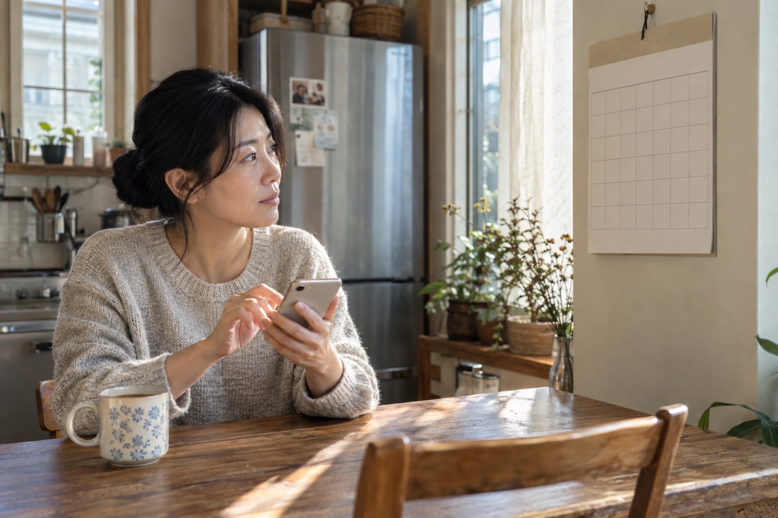A woman holding a phone at a wooden kitchen table looks toward a blank calendar grid on the wall by the window, with a floral mug in front of her