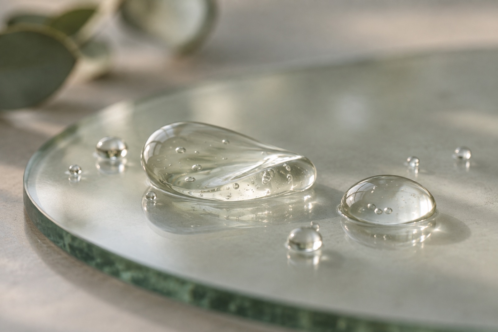 A long blob of gel with air bubbles and scattered clear droplets of different sizes on a round glass plate