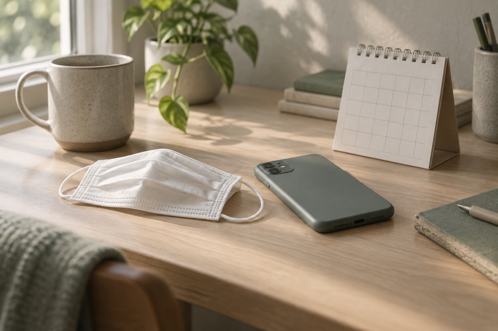 Puting disposable mask, kulay abong-berdeng cellphone at blangkong desk calendar na magkakatabi sa kahoy na mesang naaarawan
