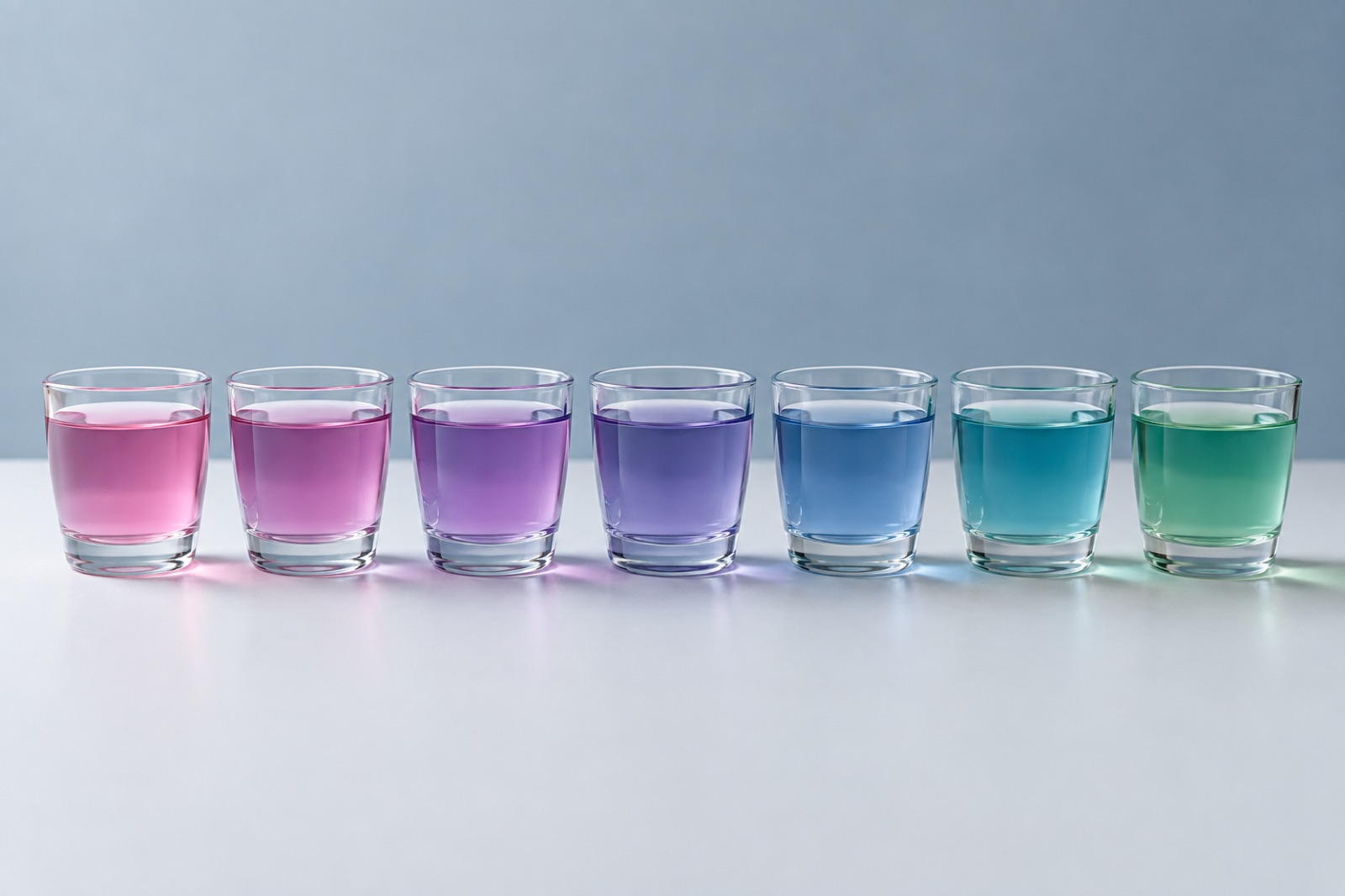 Seven small glasses in a row on a white table, tinted pink, purple, blue, teal, and green