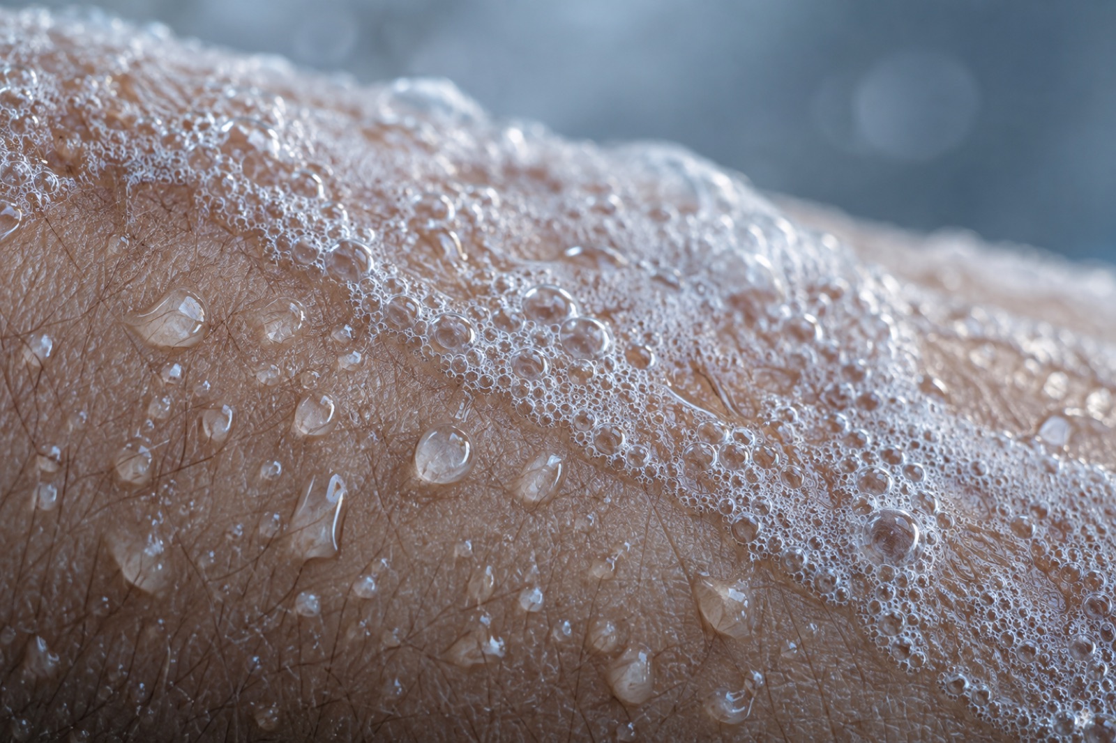 Close-up of fine-haired arm skin with a band of tiny bubbles and water droplets of different sizes