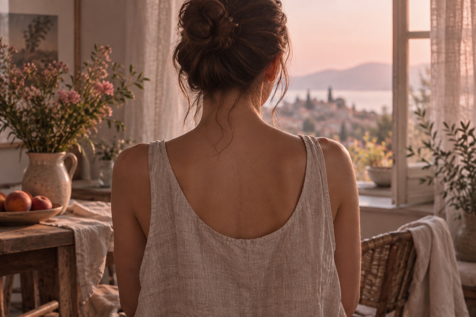 Back view of a woman in a loose linen sleeveless top looking out at a sunset, her shoulders and upper back showing