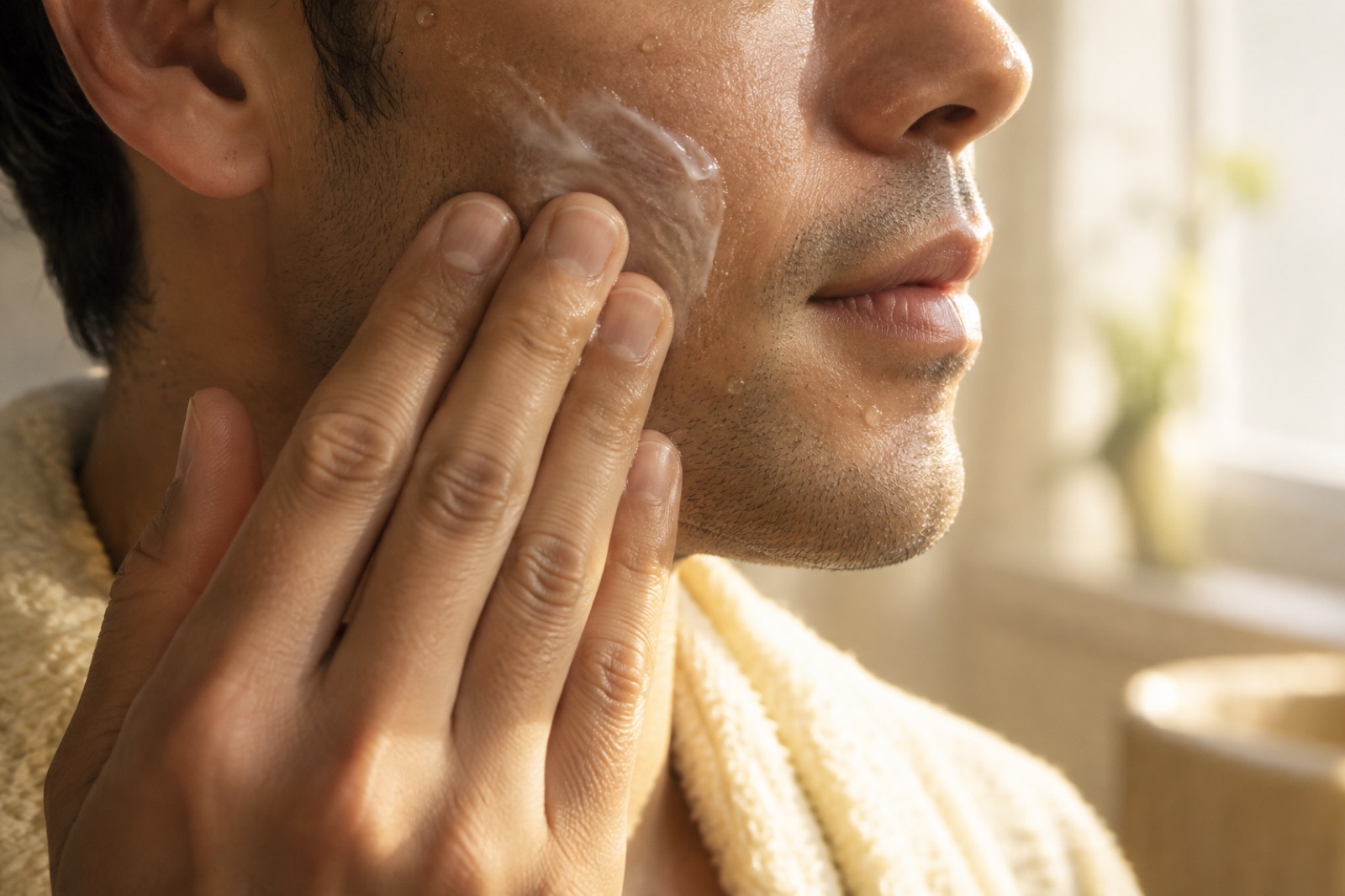Side close-up of a man with a towel over his shoulder spreading white lotion on a damp cheek with four fingers