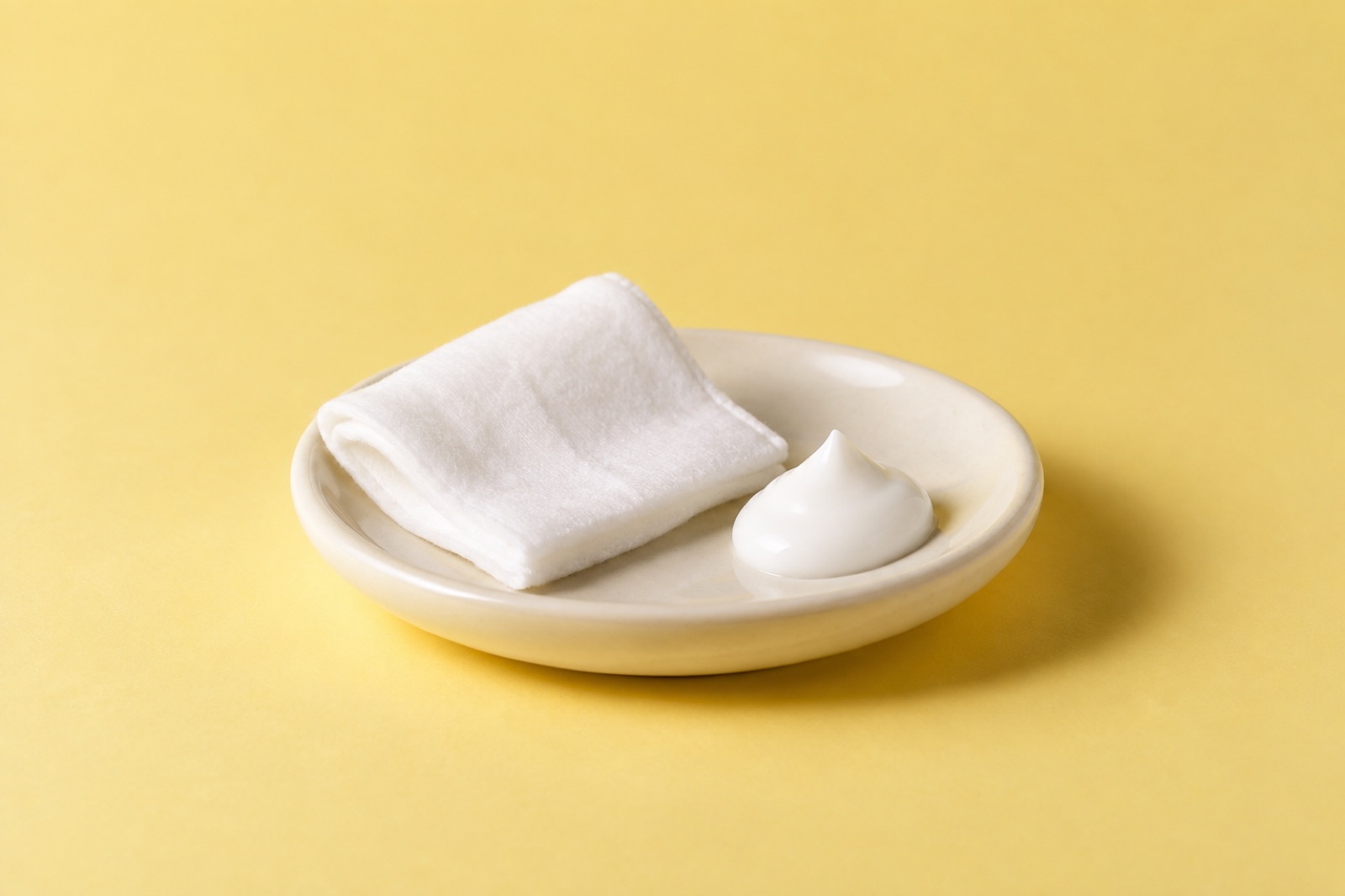 A folded white cotton pad and a peaked swirl of white lotion on a cream-colored dish against a yellow background