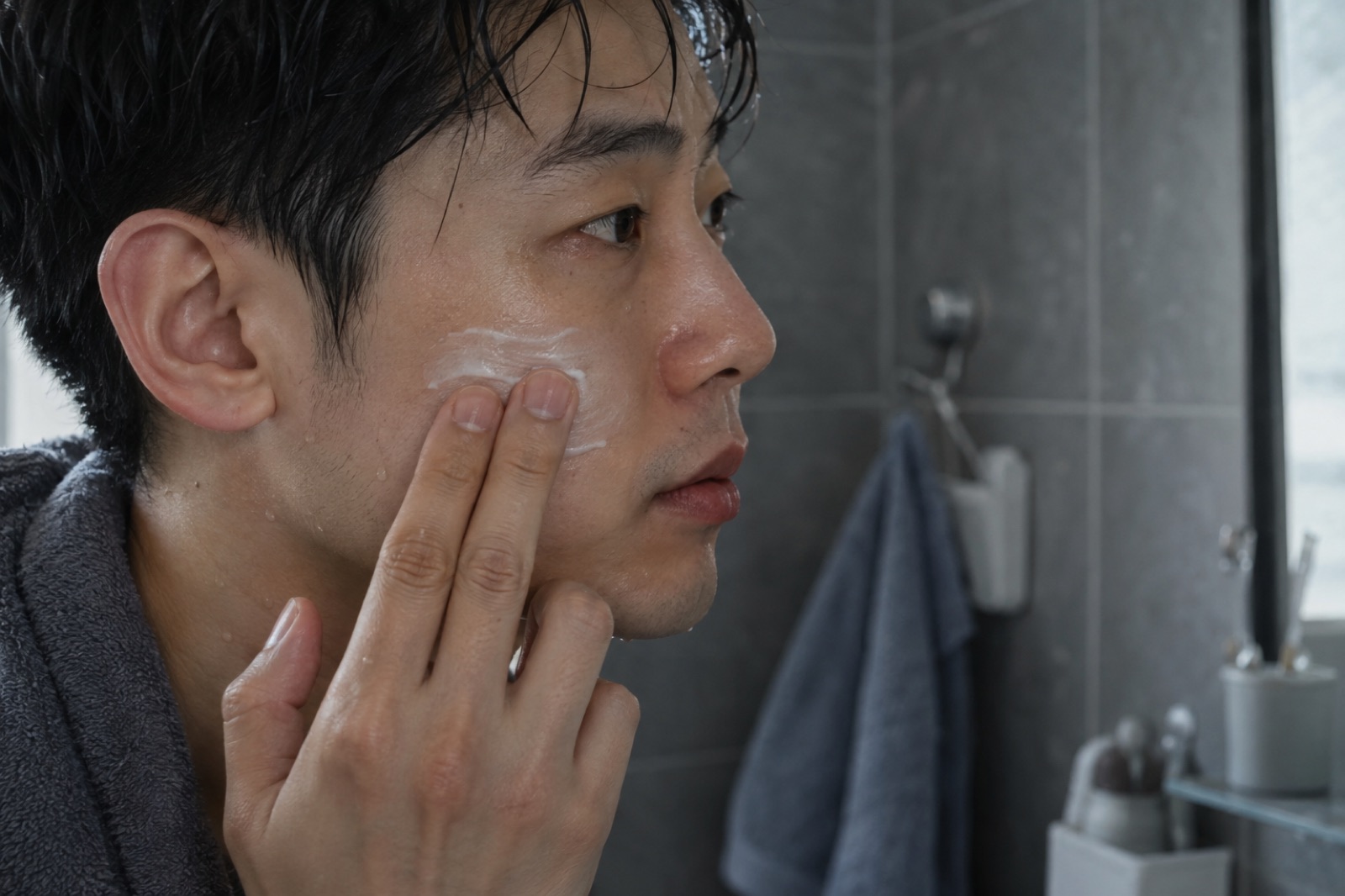 Side view of a man in a robe with wet hair spreading white cream with two fingers over a cheek still dotted with water