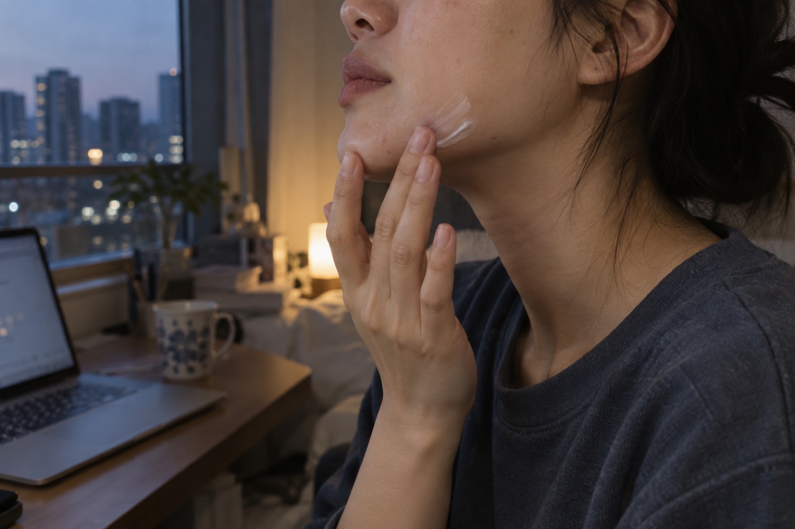 A woman at a desk by a window with city lights at night, spreading white cream beside her jaw with her fingers
