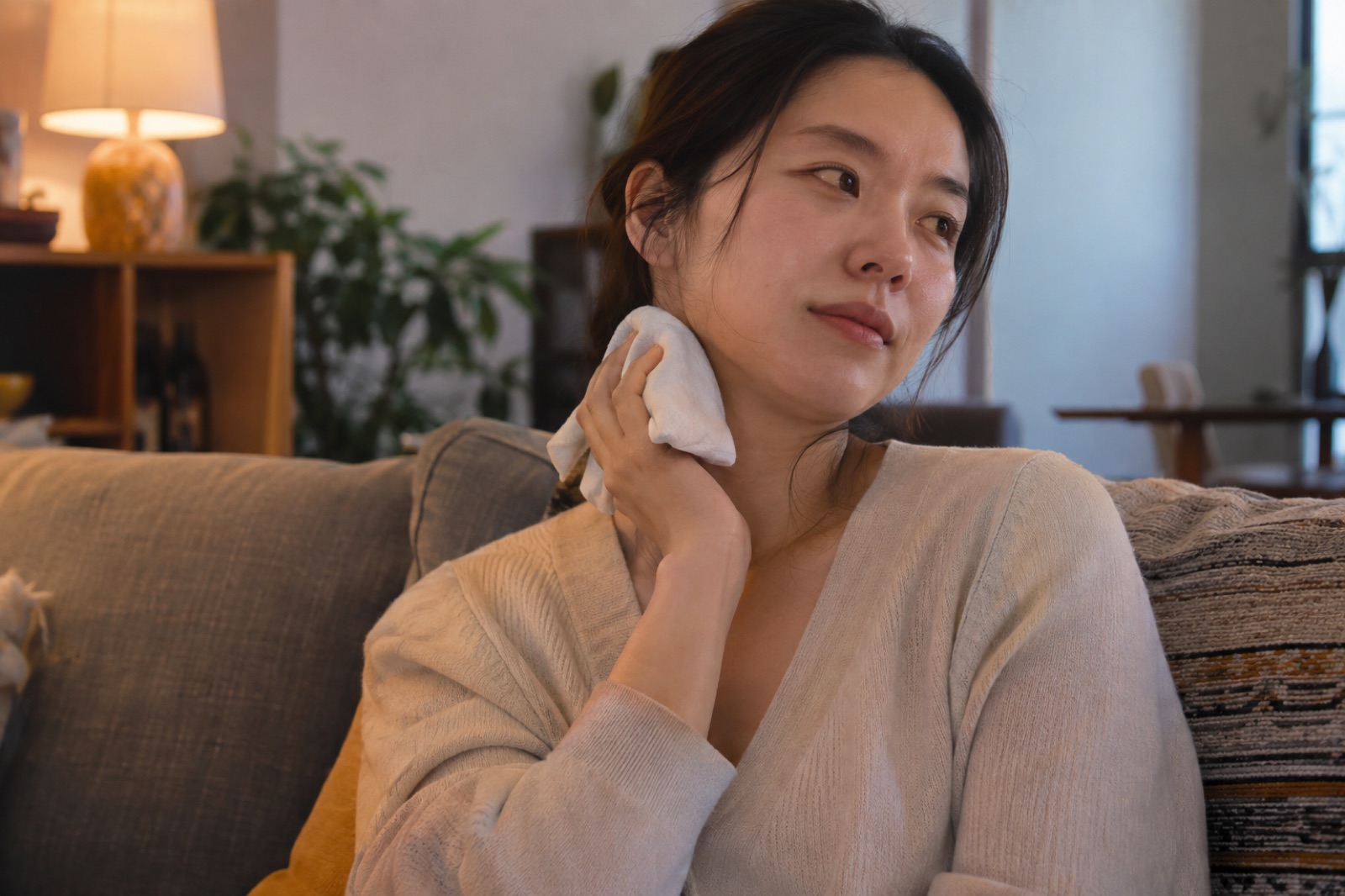 거실 소파에 기대앉아 흰 천 뭉치를 목 옆에 대고 식히며 옆을 바라보는 여성