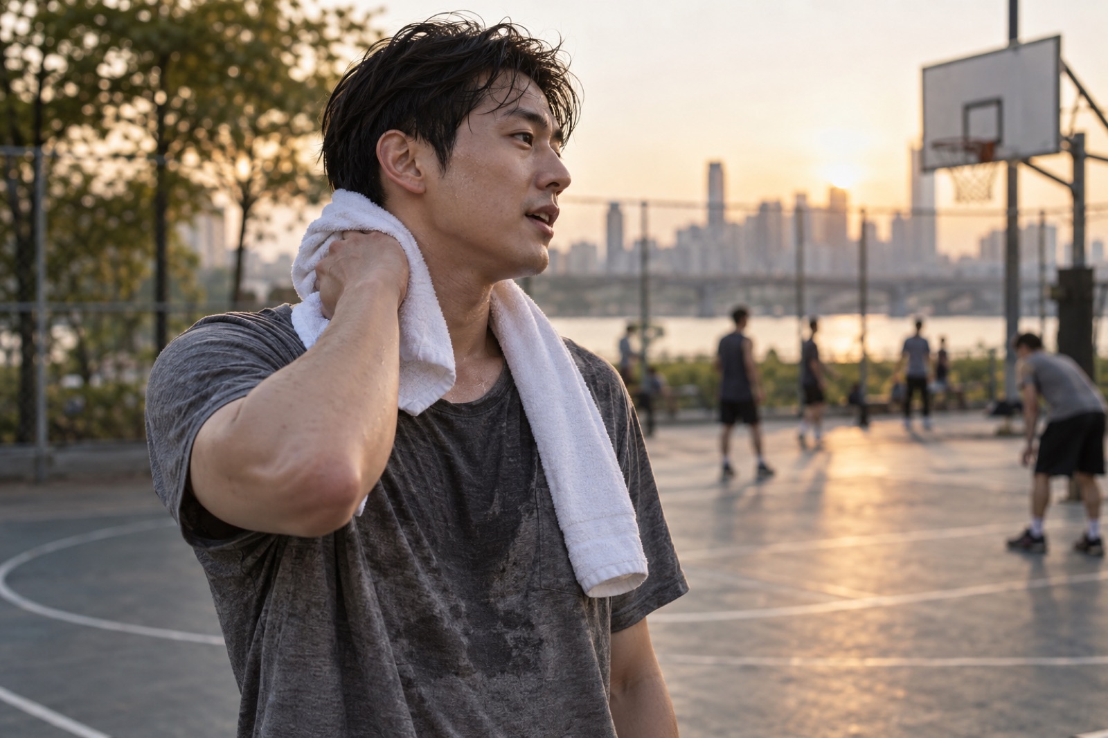 Lalaking naka-basang kulay abong T-shirt sa basketball court sa tabing-ilog habang papalubog ang araw, idinidiin ang puting tuwalyang nakasabit sa leeg