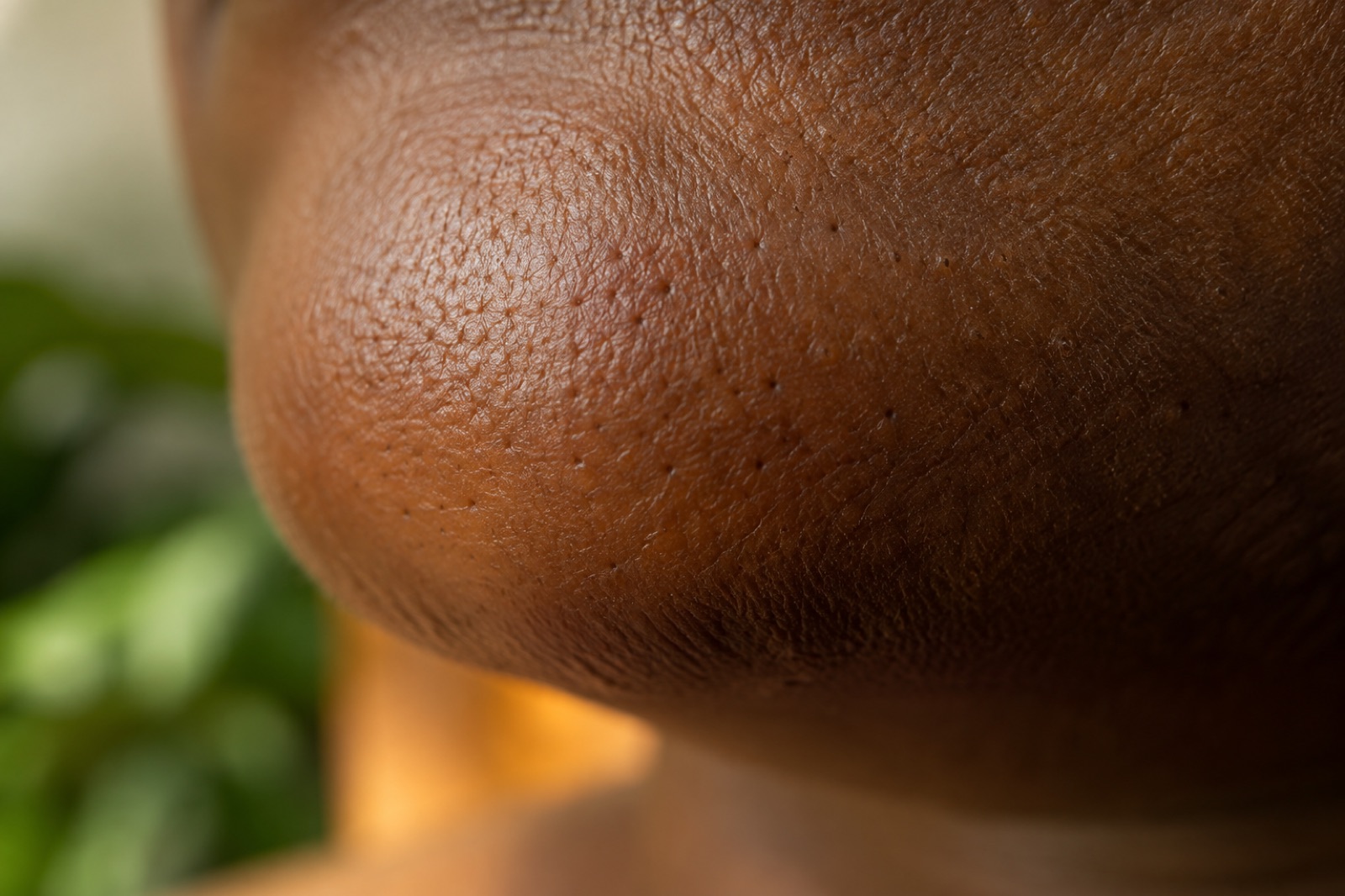 Close-up of the skin at the tip of the chin shot at a downward angle against a blurry green background, with small pore dots here and there