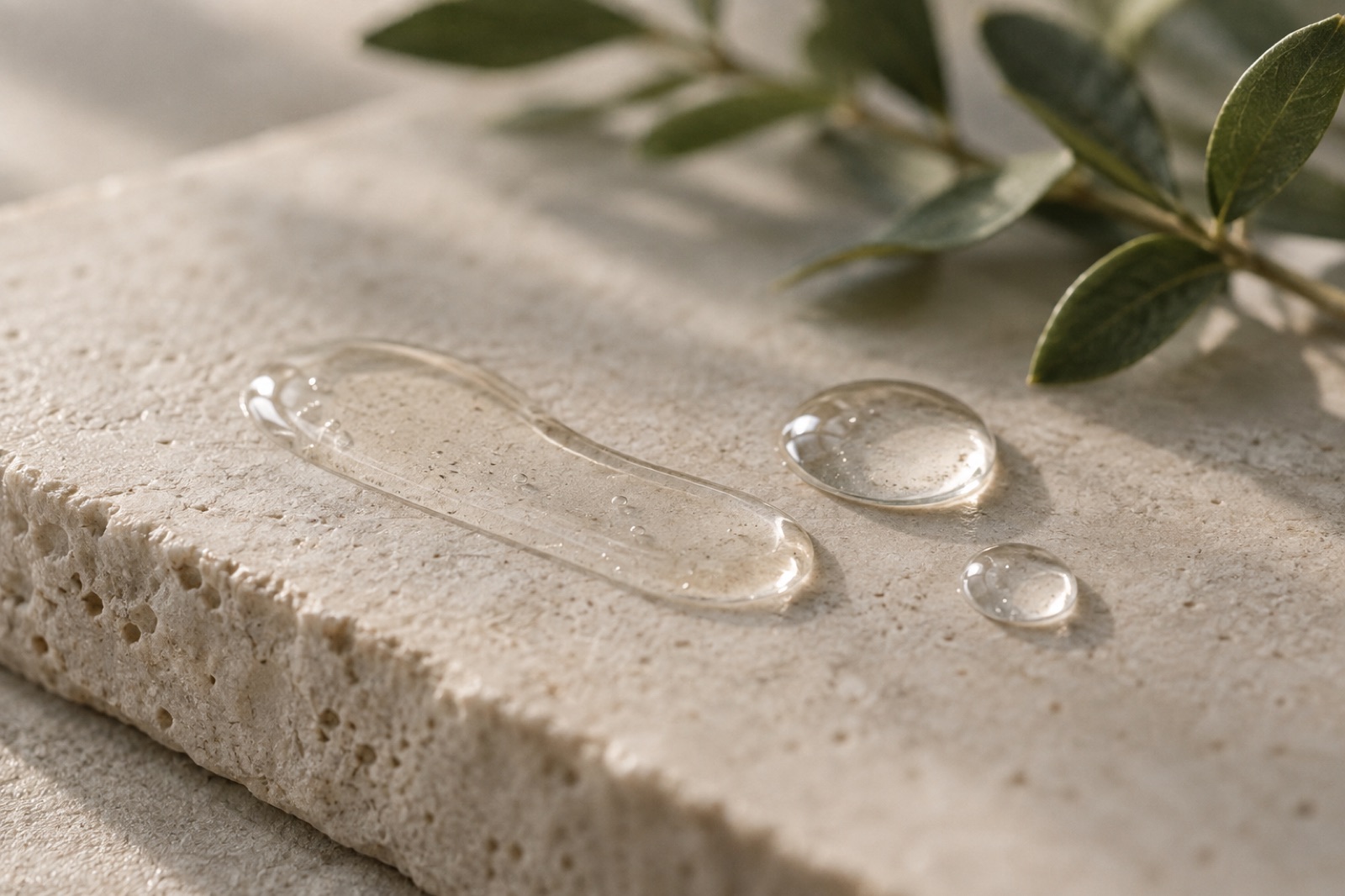 A long line of clear serum and two round drops poured on porous beige limestone, with an olive branch behind