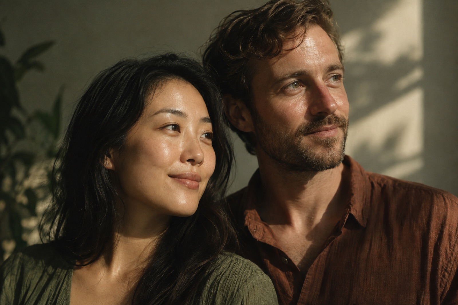 The faces of a long-haired woman and a bearded man side by side looking the same way, in a room with leaf shadows on the wall