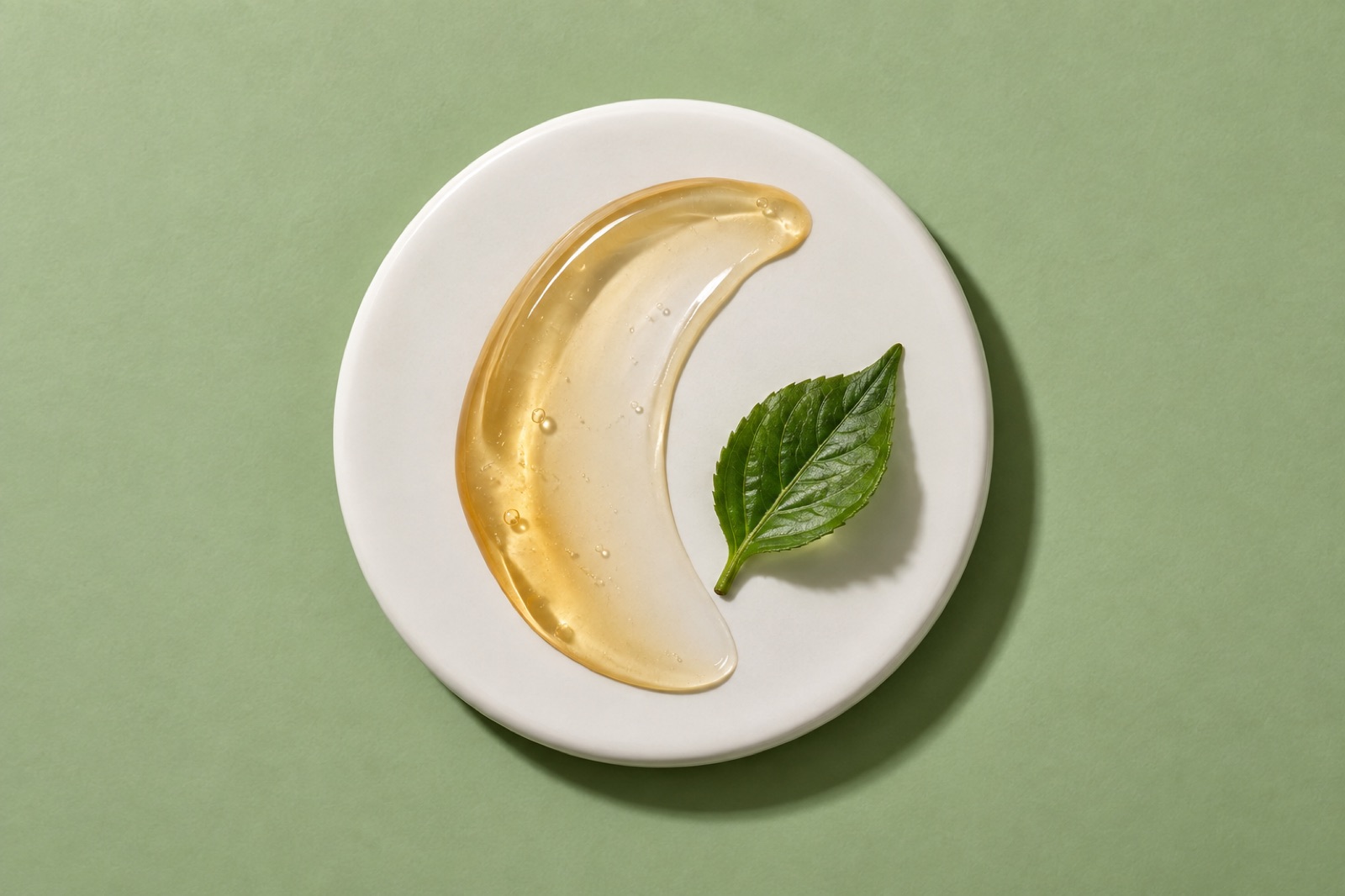 Pale yellow clear serum spread in a crescent on a round white dish on a light green background, with one leaf with a toothed edge