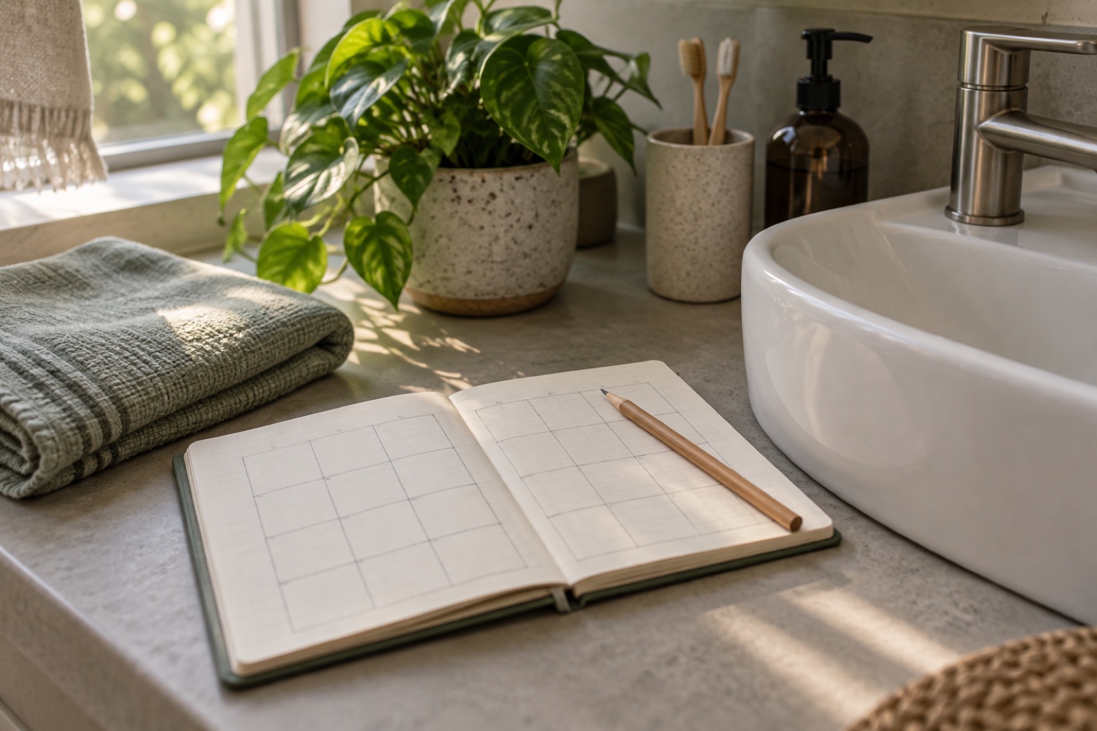 A grid notebook and pencil laid open on a shelf beside a sunlit bathroom sink, with a folded towel and a potted plant nearby