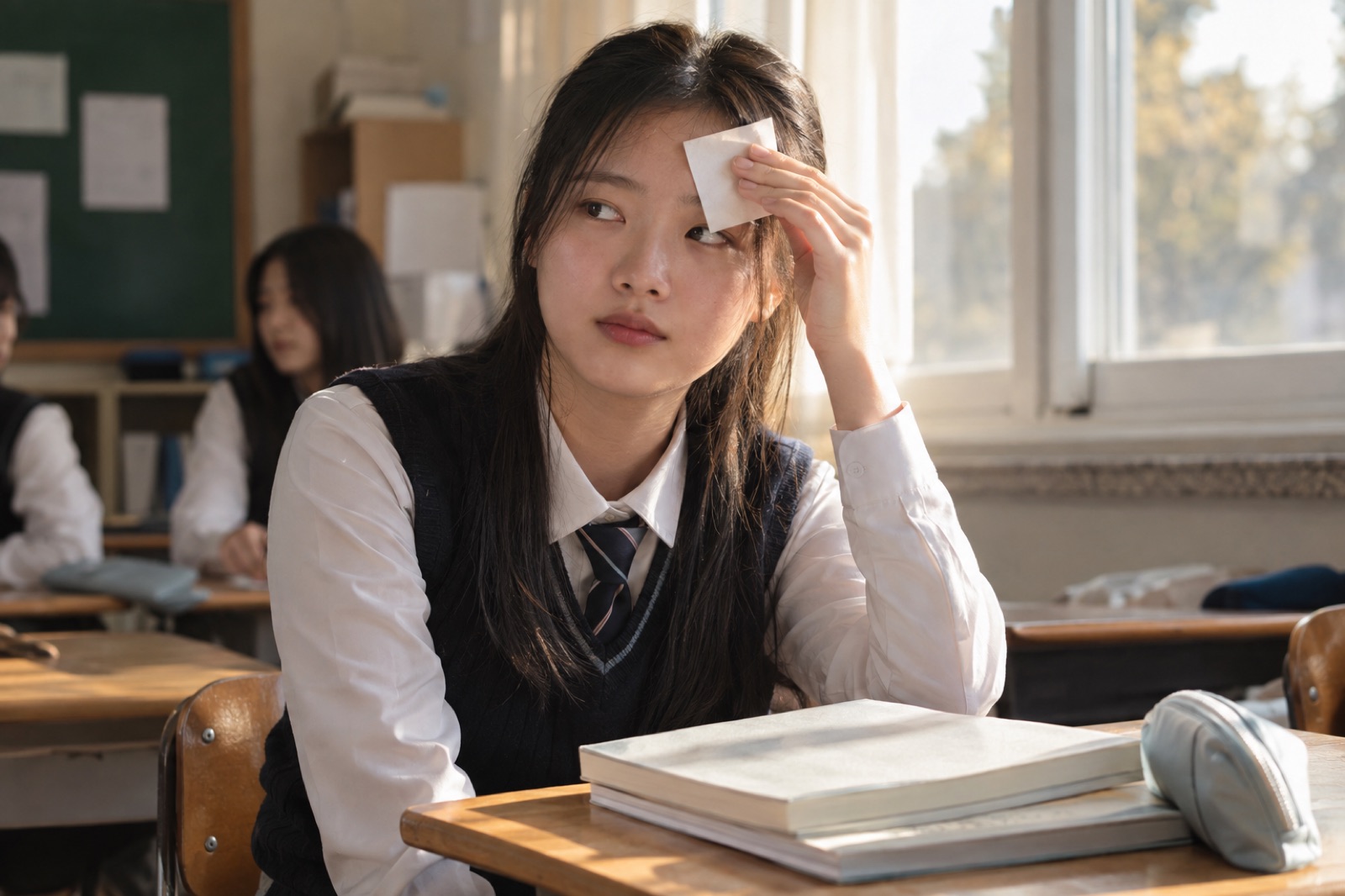 A student in a school uniform at a sunny classroom desk, pressing a white sheet of paper to her forehead with one hand