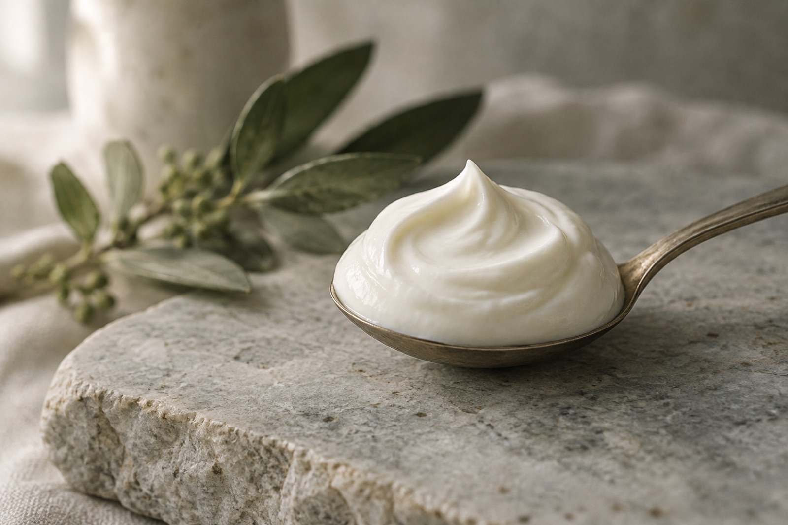 A metal spoon resting on a rough stone slab with a heaped scoop of white cream, blurry leafy branches behind