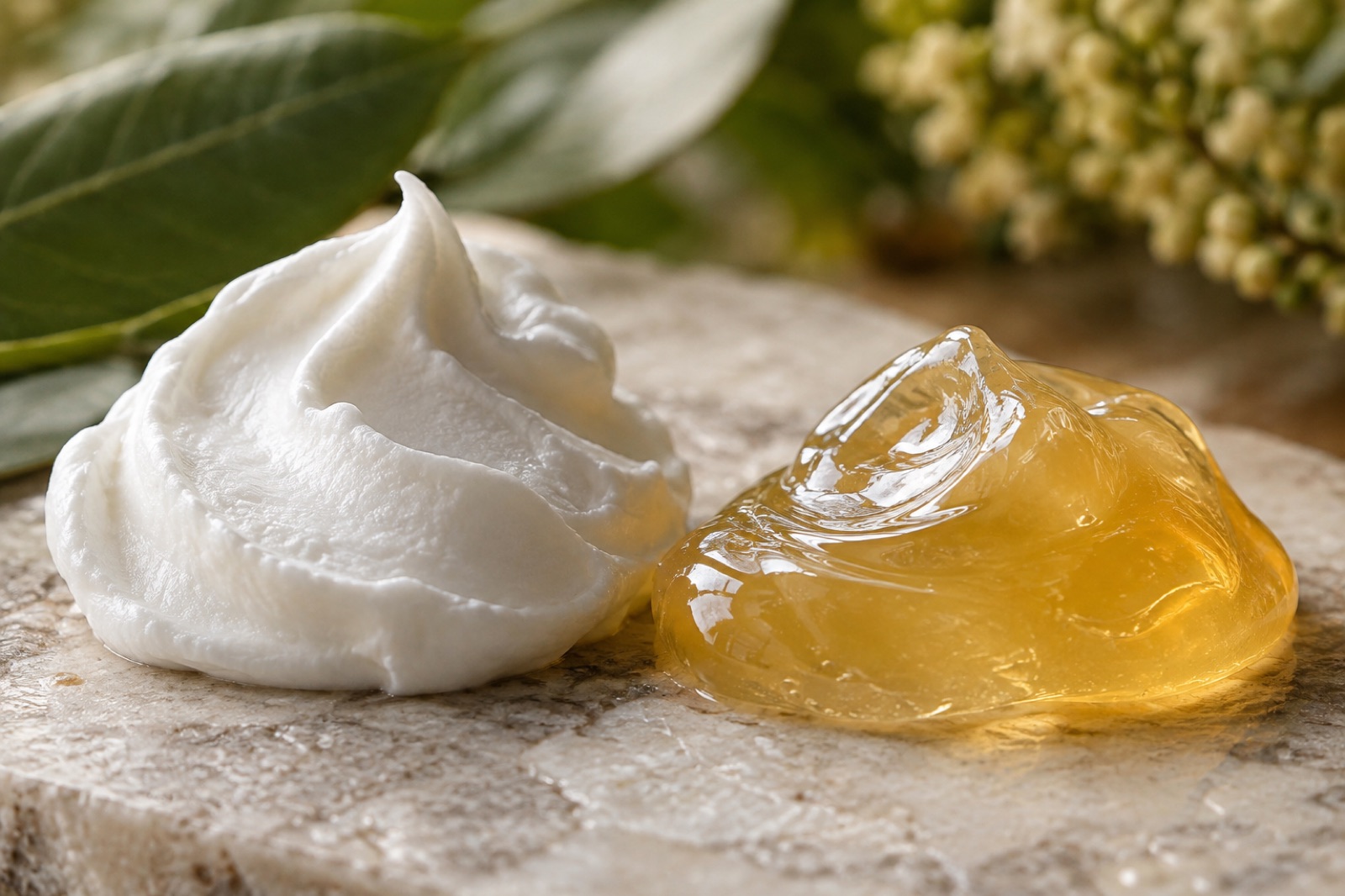 Fluffy white cream and a glossy amber clear texture placed side by side on a piece of marble, with blurry leaves and flowers behind