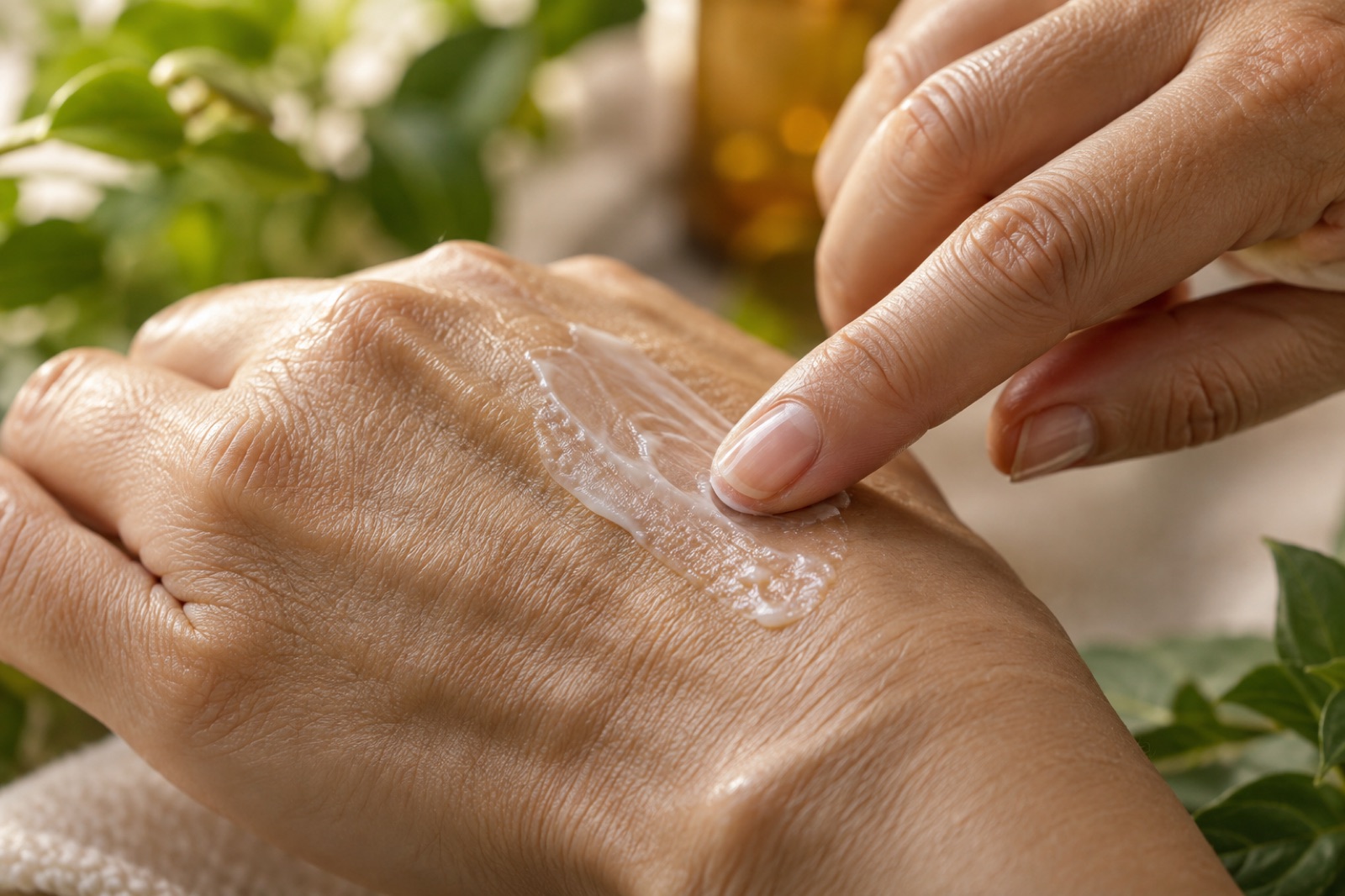 Close-up of an index fingertip rubbing a semi-clear white cream across the back of a hand, with blurry green leaves behind