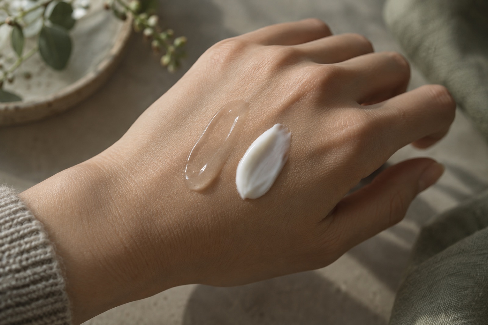 A line of clear gel and a line of white cream squeezed side by side, unmixed, on the back of a hand under a knit sleeve