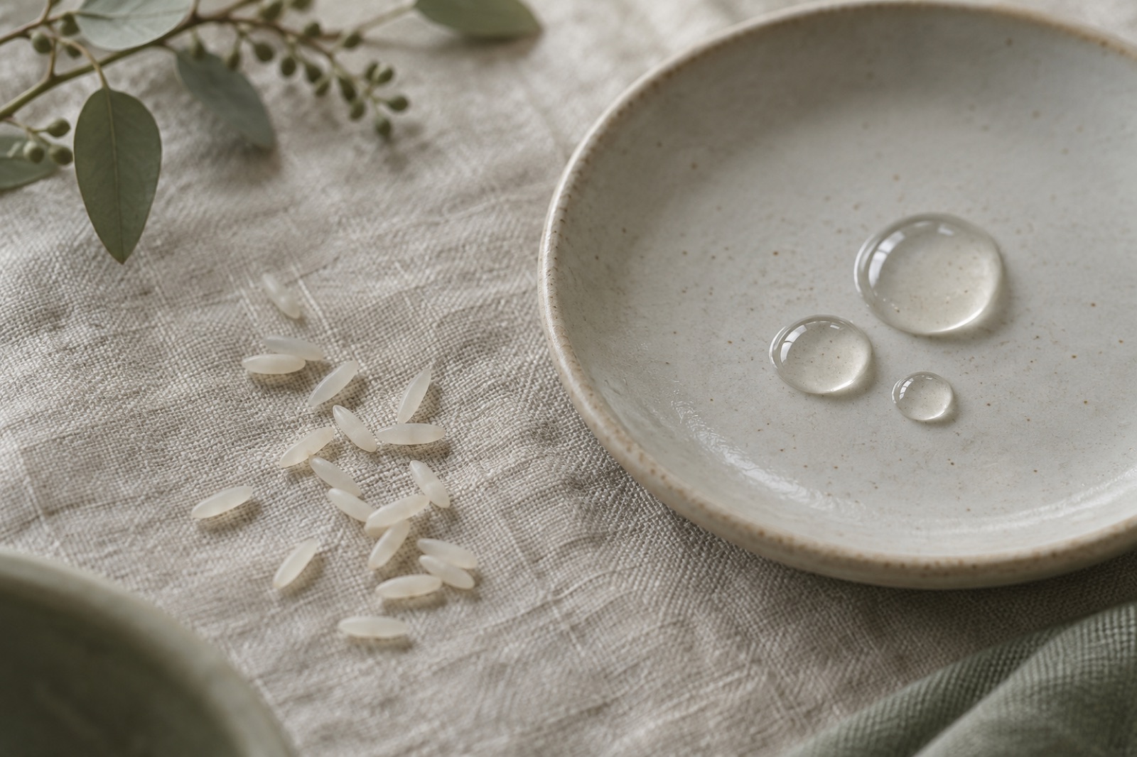 A few grains of rice scattered on linen and three clear drops of different sizes on a ceramic plate beside them