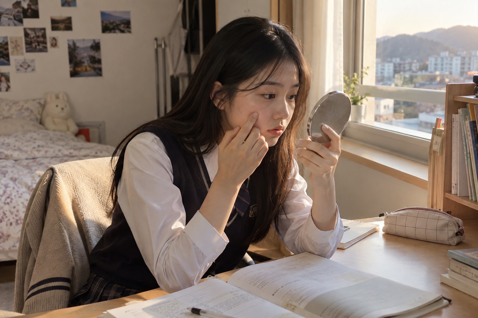 At dusk, a female student in a school uniform sits at a desk with an open textbook, looking into a round hand mirror and touching her cheek below the cheekbone with her index finger